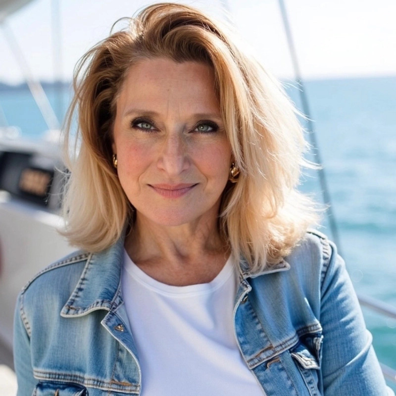 A woman with shoulder-length blonde hair smiles gently while standing on a boat. She is wearing a light blue denim jacket over a white top. The background shows blue ocean water and part of the boat's railing on a sunny day.