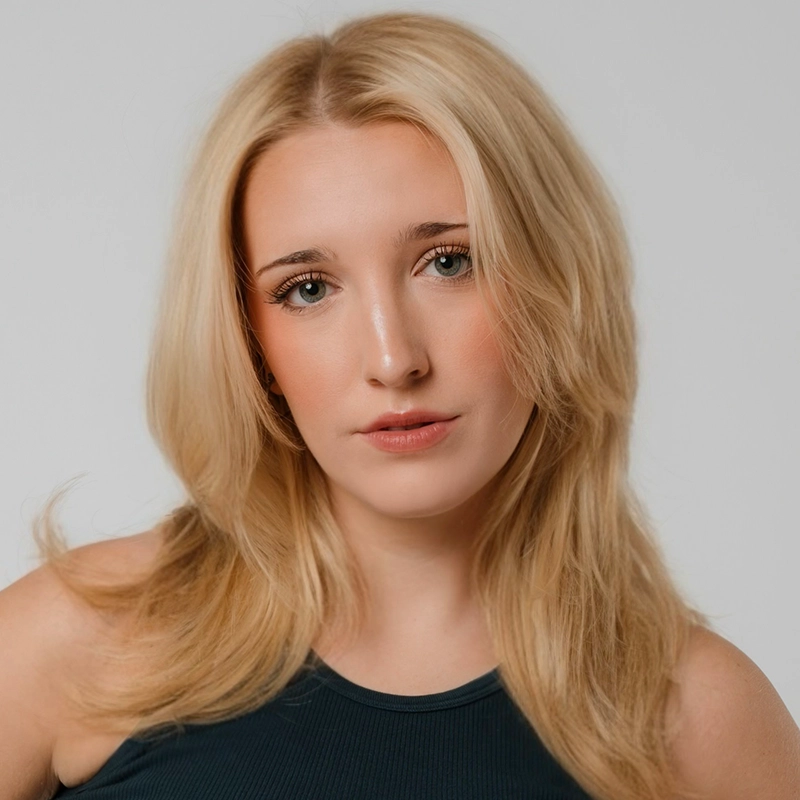 A young woman with long, straight blonde hair and fair skin looks directly at the camera. Nadia Jewel has light makeup and wears a sleeveless, dark-colored top. The plain, light gray background gives a clean, studio-like feel.