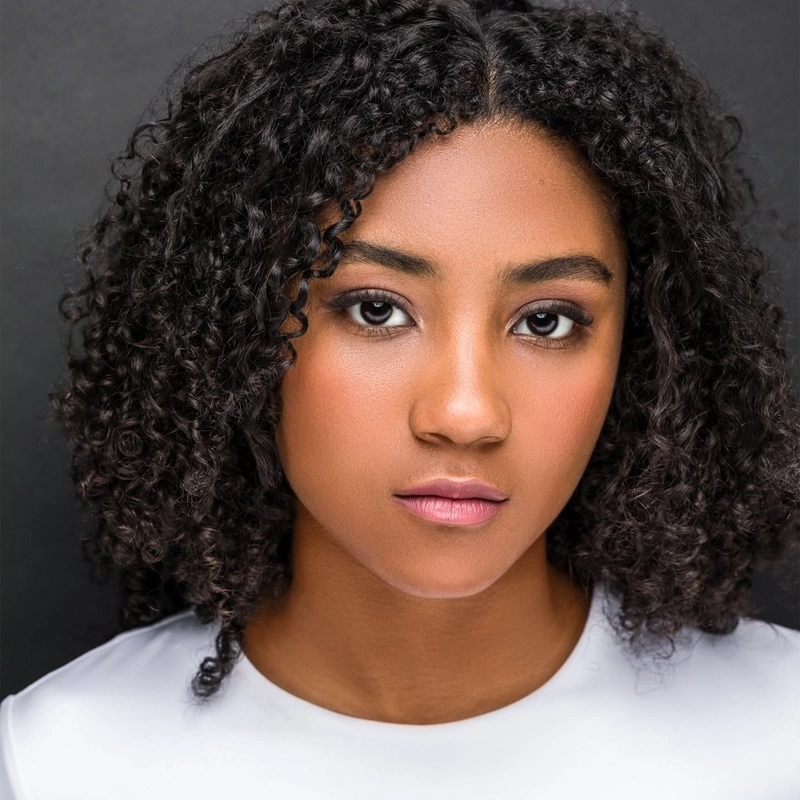 Layla Capers, a young woman with medium brown skin and curly dark hair, looks directly at the camera with a calm, neutral expression. She is wearing a white top and natural makeup against a dark gray background that highlights her features.