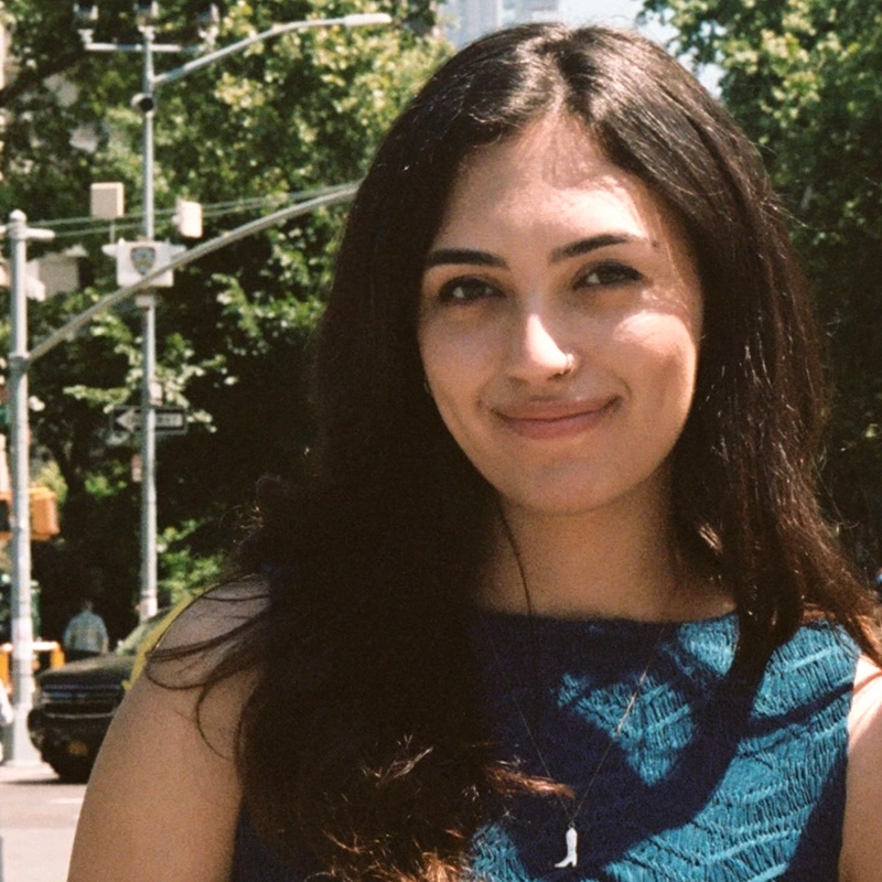 A woman with long dark hair and a nose ring smiles slightly while standing outdoors. She is wearing a textured blue sleeveless top and a necklace. Green trees and blurred Denver Milord street signs appear in the sunny background.
