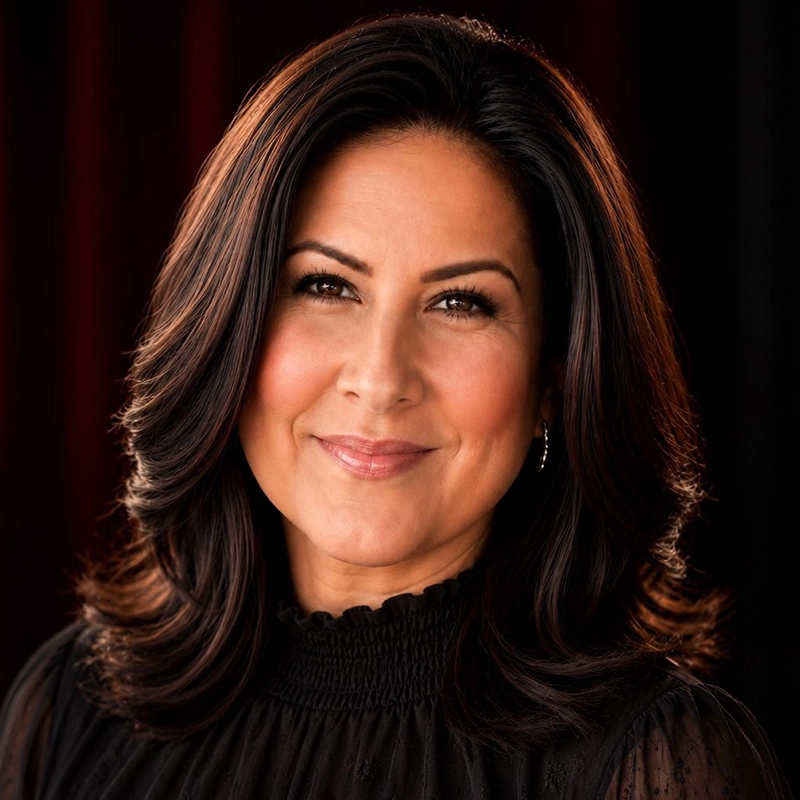 Vanessa Valentin, a woman with shoulder-length wavy brown hair, smiles warmly. She wears a high-neck black top and small earrings. The background is dark with touches of red, softly blurred to keep the focus on her face.