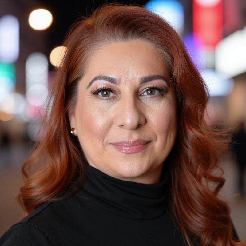 A woman with wavy, reddish-brown hair and light skin smiles gently. She wears a black turtleneck and subtle makeup with pink lipstick. The background is blurred, showing colorful city lights at night.