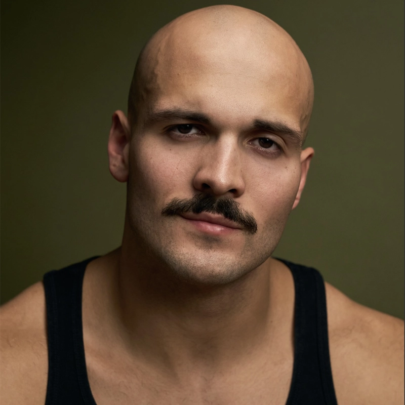 A bald man with a thick mustache wears a black tank top. He has light skin, muscular shoulders, and a neutral expression. The background is olive green and plain. The lighting highlights his facial features and smooth scalp.