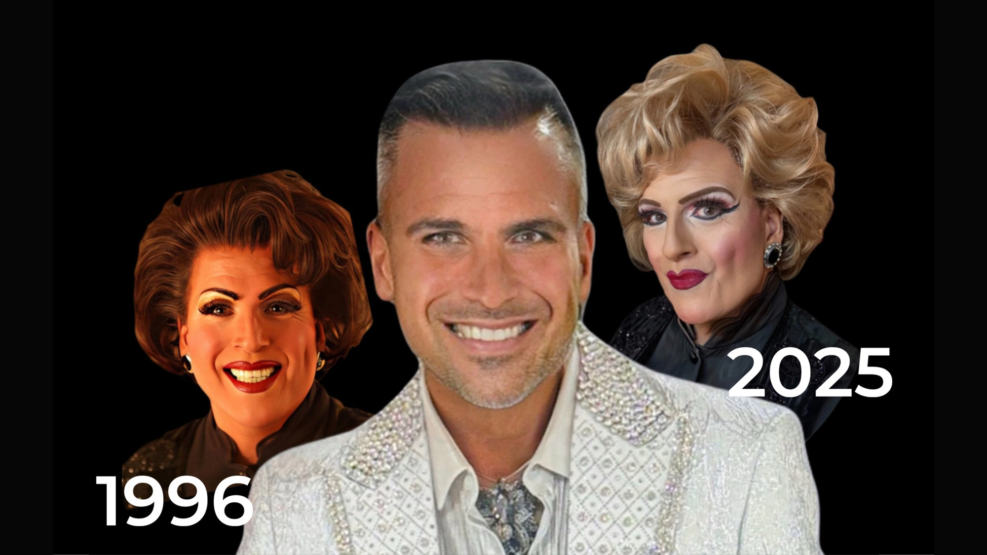 A smiling man in a sparkly white jacket—David Sabella—is centered between two drag personas; on the left is a Chicago drag queen with 1996, and on the right another with 2025, both showcasing bold makeup and styled hair against a black background.