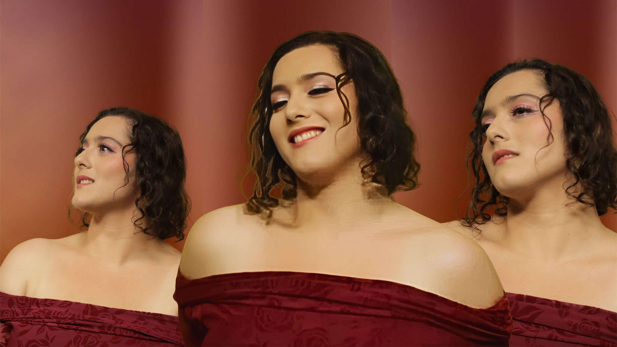 A woman, reminiscent of Grace Peña, in an off-shoulder, deep red dress appears three times against a gradient reddish-brown background—her short wavy hair and dewy makeup with pink eyeshadow evoke captivating Heartstrings and a subtle smile.