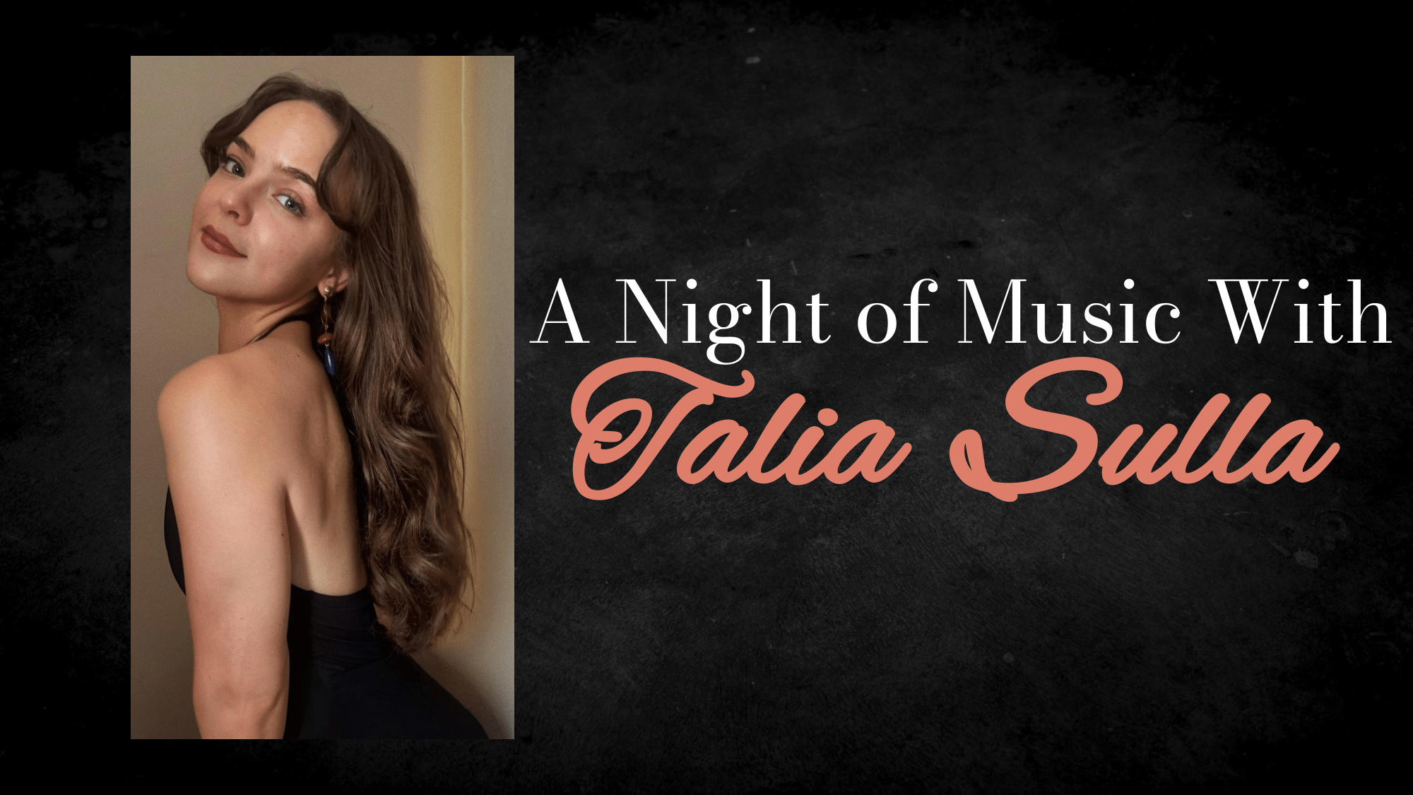 A woman with long brown hair in a black dress poses smiling over her shoulder. Beside her, white and pink script reads: 