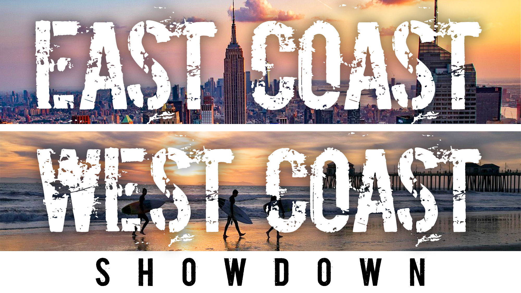 Split image with bold, distressed text. Top: 