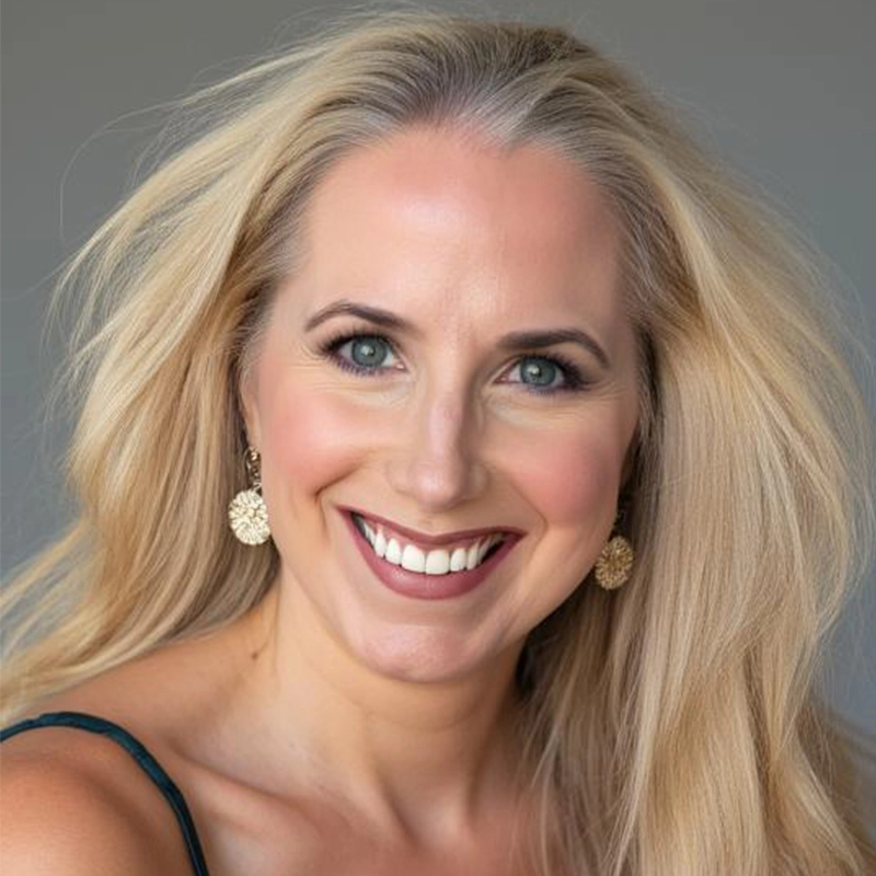 Elizabeth Treat is shown smiling, with long, straight blonde hair and light skin. She wears gold floral earrings, has bright blue eyes, subtle makeup, a sleeveless dark top, and stands against a simple neutral grey background.