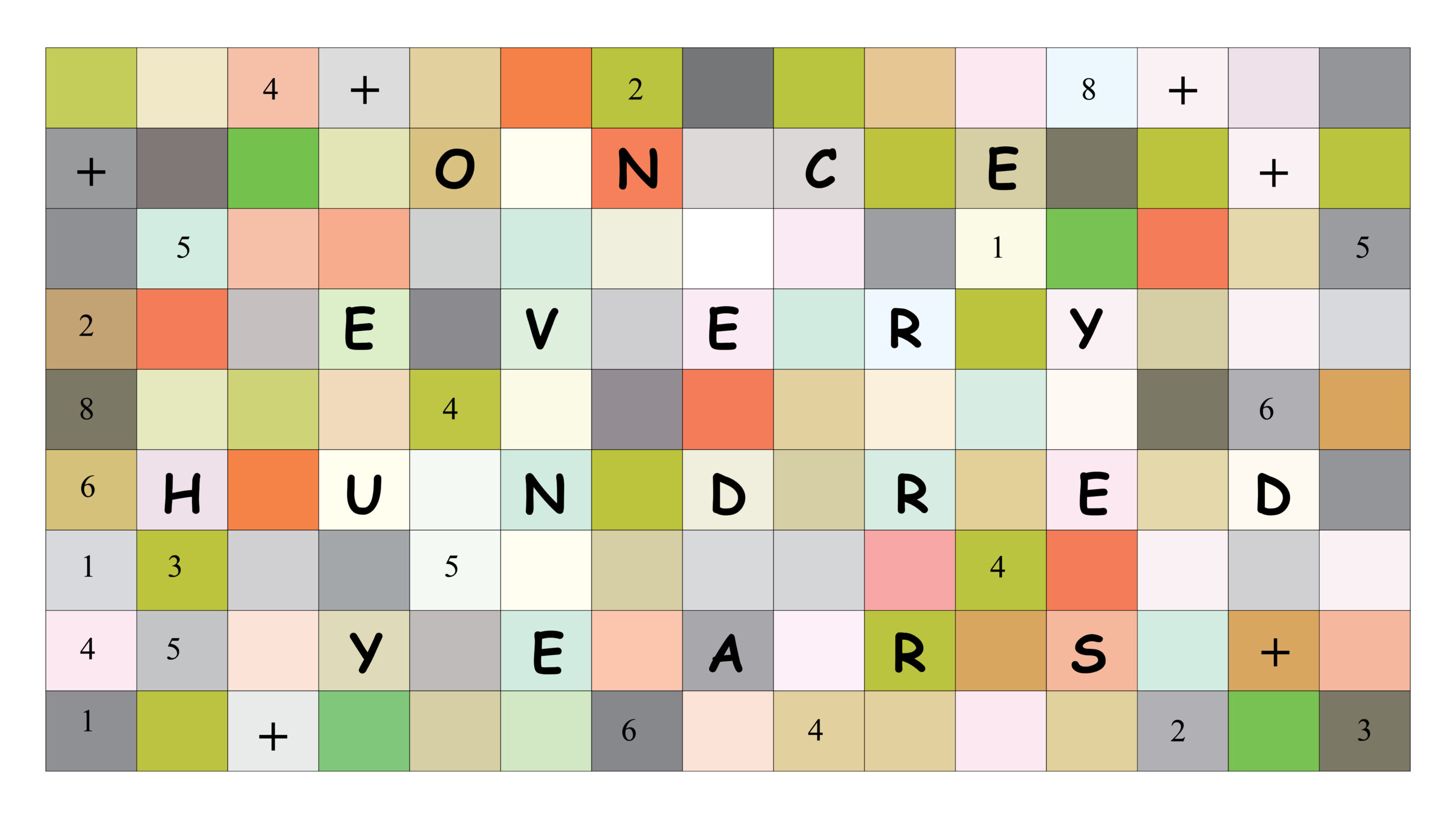 Once Every Hundred Years (Website Landscape) (2)-01 A colorful grid of small squares evokes a song cycle, with numbers, math symbols, and large black letters spelling “ONCE EVERY HUNDRED YEARS.” Square colors—green, orange, gray, yellow, white, and peach—bring a vibrant William Finn energy.