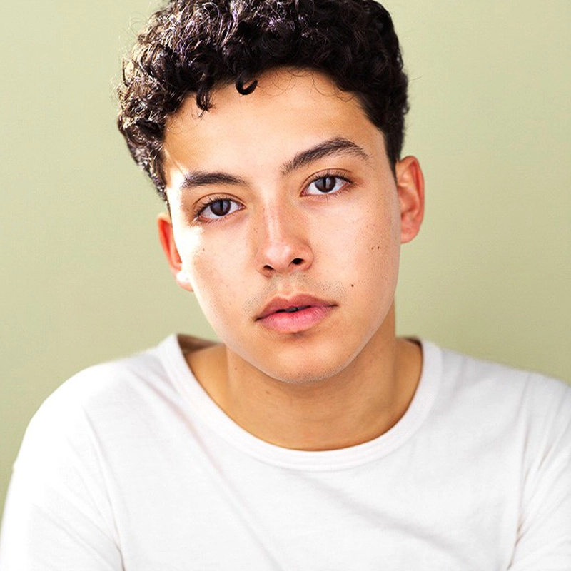 A young person with short, curly dark hair and light skin looks directly at the camera with a neutral expression. Daniel Rosales is wearing a plain white shirt and is posed against a light, softly blurred background.