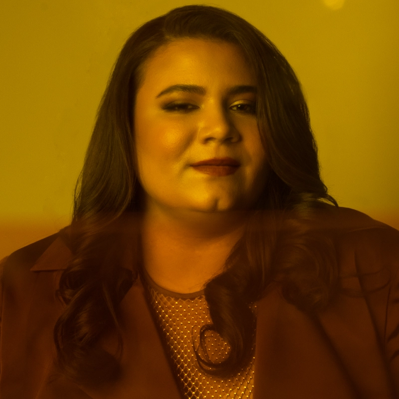 Amanda Barise, with long, wavy brown hair and red lipstick, looks forward, smiling slightly. She wears a mesh top and dark jacket. A strong yellow tint creates a warm, soft atmosphere against the plain yellow background.