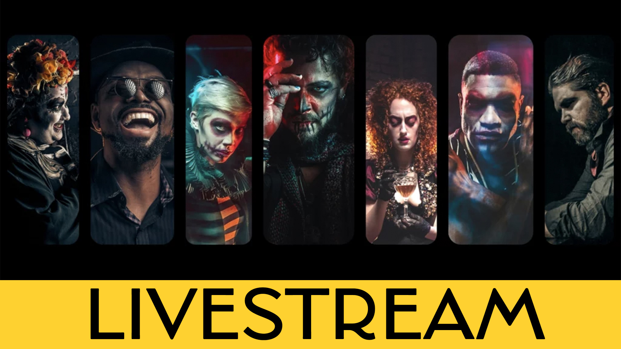 A collage of seven people in dramatic costumes and makeup, each in separate vertical frames, evokes the eerie style of Twisted Operelas Vol. VI by Christian De Gré Cárdenas. Below, a yellow banner with bold black text reads “LIVESTREAM.”.