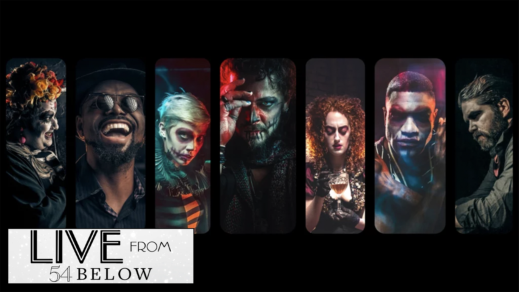 A row of six diverse people in dramatic, theatrical makeup and costumes appears against a black background. Each looks intense or thoughtful, with colorful lighting. 