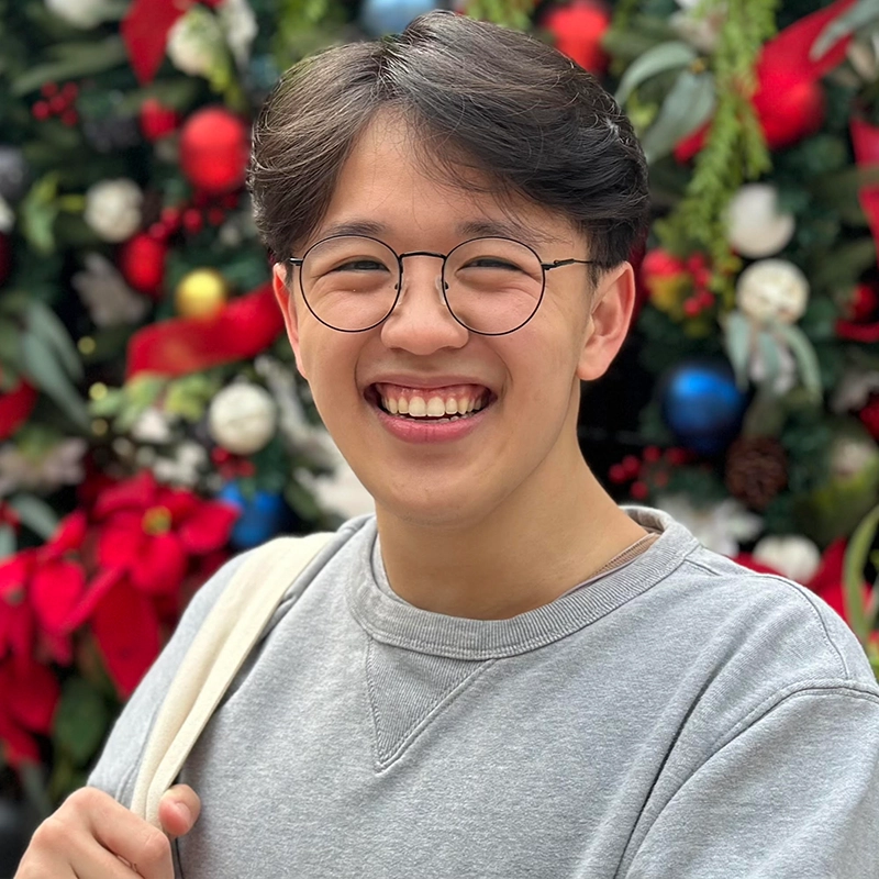 A smiling young person with short brown hair and round glasses wears a gray sweatshirt and carries a cream tote bag. Dylan McEachern stands in front of a festive background with Christmas ornaments, red poinsettias, green leaves, and decorations.