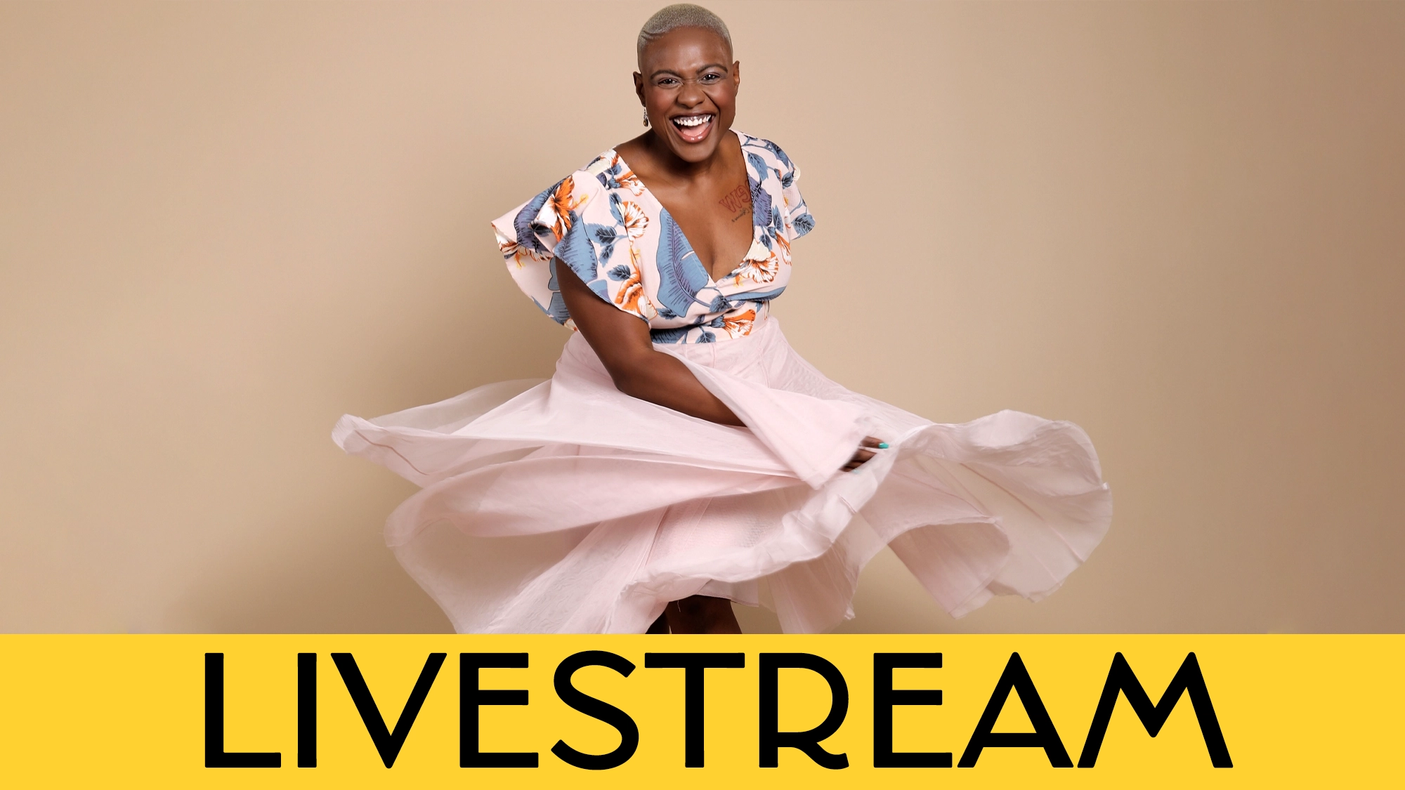 A joyful person with short blonde hair twirls in a pale pink skirt and floral top against a beige background. They smile widely. A bold yellow banner at the bottom features “LIVESTREAM” and Nyla Watson in black, all caps.