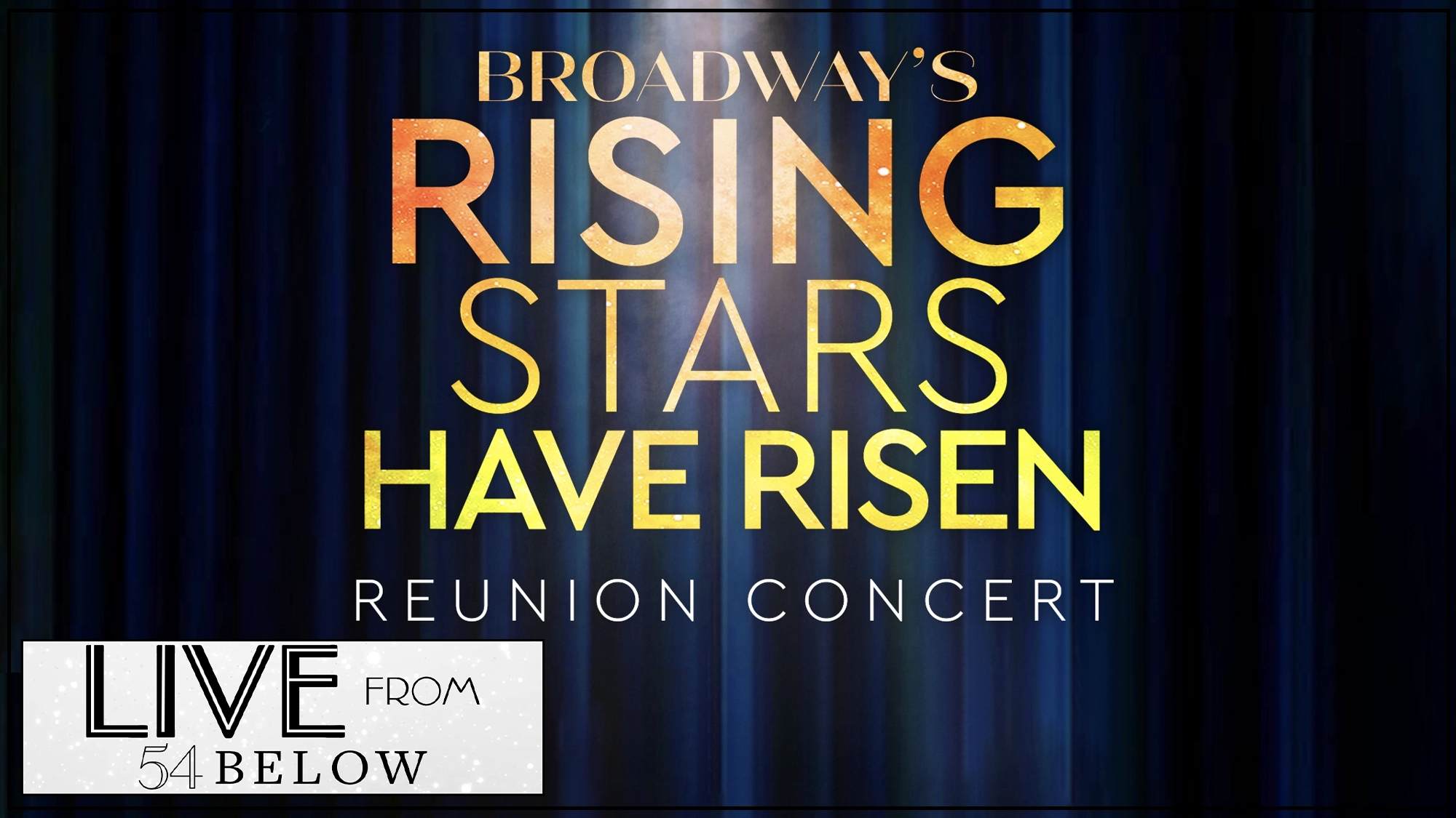 A graphic with a dark blue background and subtle stage curtains reads: 