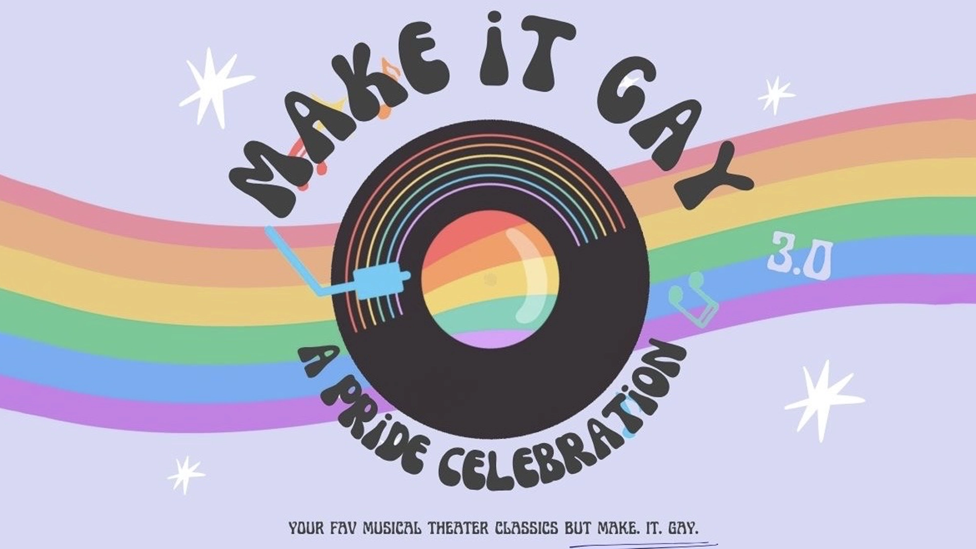 Make It Gay - Show Art A vinyl record with a rainbow label is centered against a pastel background with rainbow stripes, stars, and music notes. Curved text says “MAKE IT GAY: A PRIDE CELEBRATION 3.0,” celebrating LGBT musicals and theater classics—Make it Gay!.