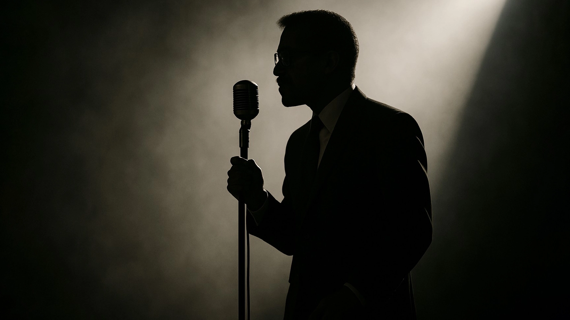 A person in a suit stands in profile, silhouetted against a smoky, backlit background, holding a vintage microphone on a stand—evoking the timeless style of Sammy Davis Jr—appearing to sing or speak under dramatic lighting for a centennial celebration.