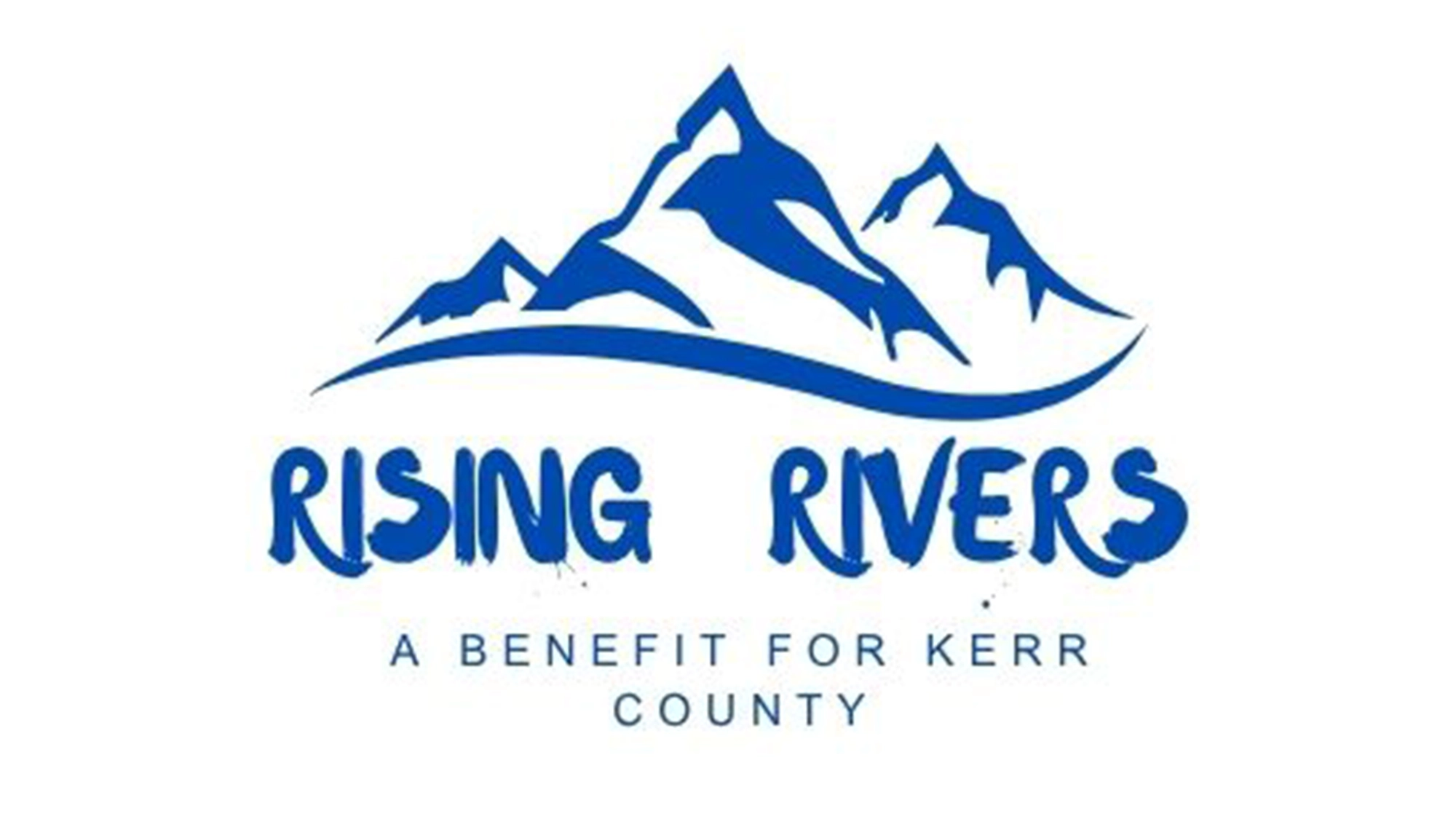 Blue outline of three mountain peaks above the wavy text 