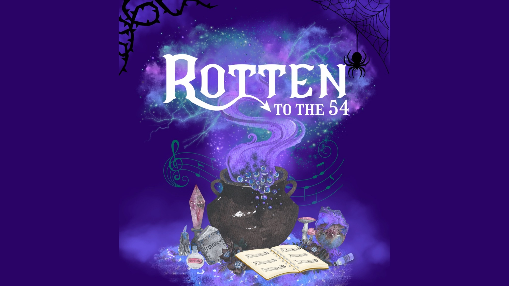 A bubbling black cauldron sits amid crystals, potions, and an open spell book, emitting purple smoke. 