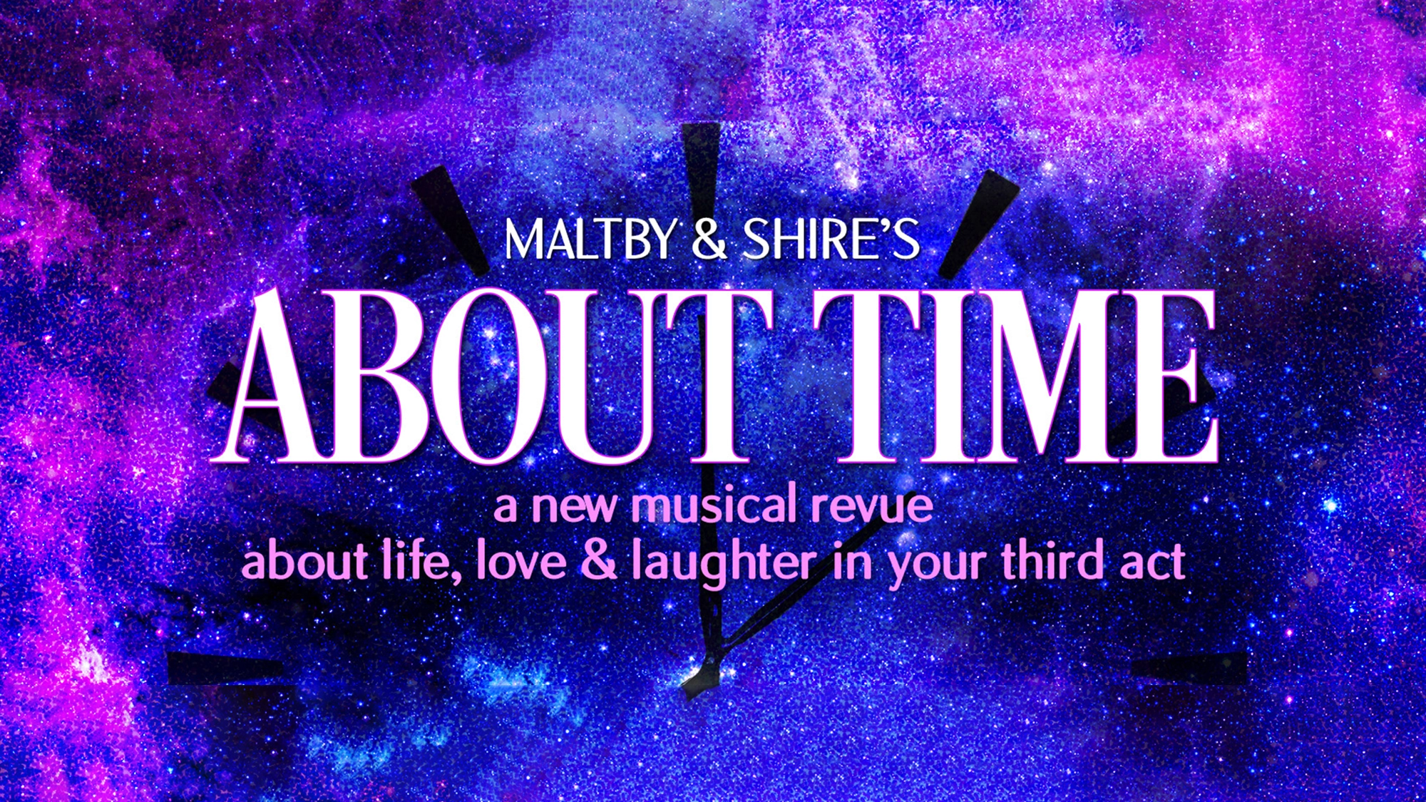 A purple and blue starry background with a faint clock face. Large white text reads “Maltby & Shire’s About Time.” Smaller text below says, “a new musical revue by Richard Maltby Jr and David Shire about life, love & laughter in your third act.”.