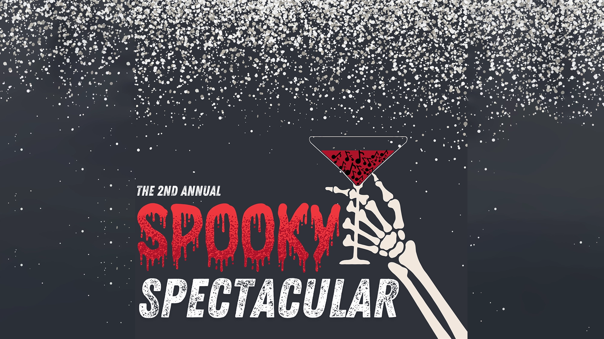 A skeleton hand holds a red martini with a spider in it. White text announces 