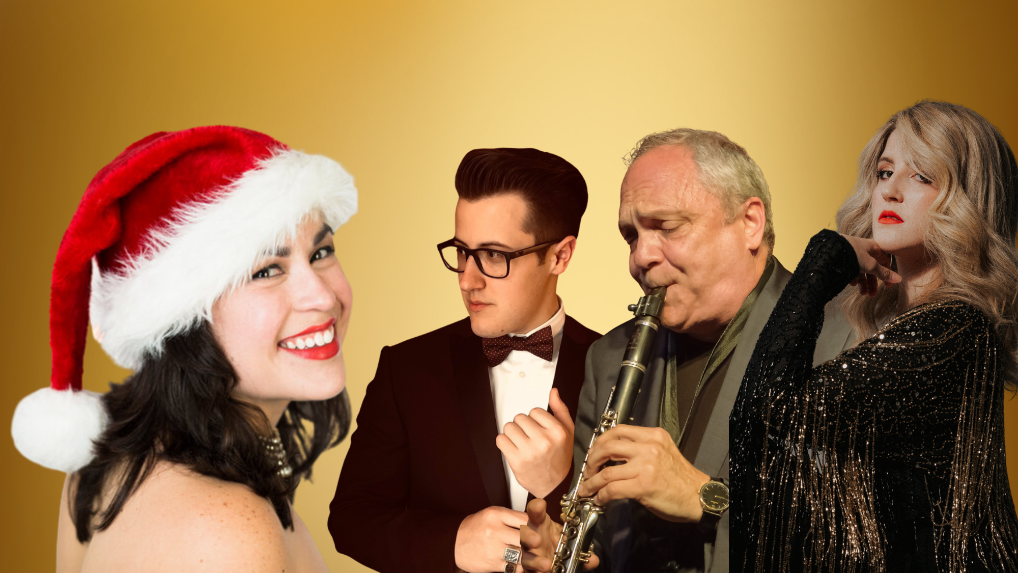 title image_v3 Four adults pose against a gold background. Celebrate Swinging In The Holidays: left, a woman in a Santa hat smiles; center, a man in a tuxedo with glasses glances sideways; next, an older man plays clarinet; right, a woman in black sparkles raises her hand.