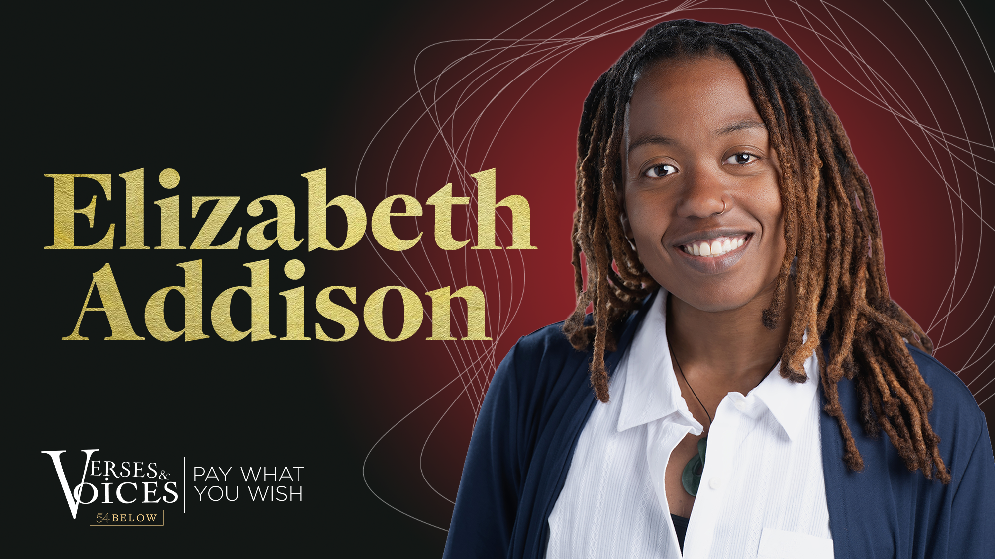 A smiling woman with long brown dreadlocks wears a white shirt and navy jacket. Large gold text reads 