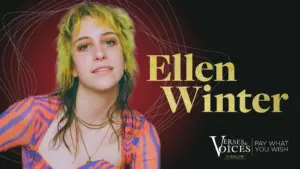 A person with short, choppy blonde and greenish hair wears a striped purple and orange top, gold necklaces, and smiles slightly. Large gold text reads 