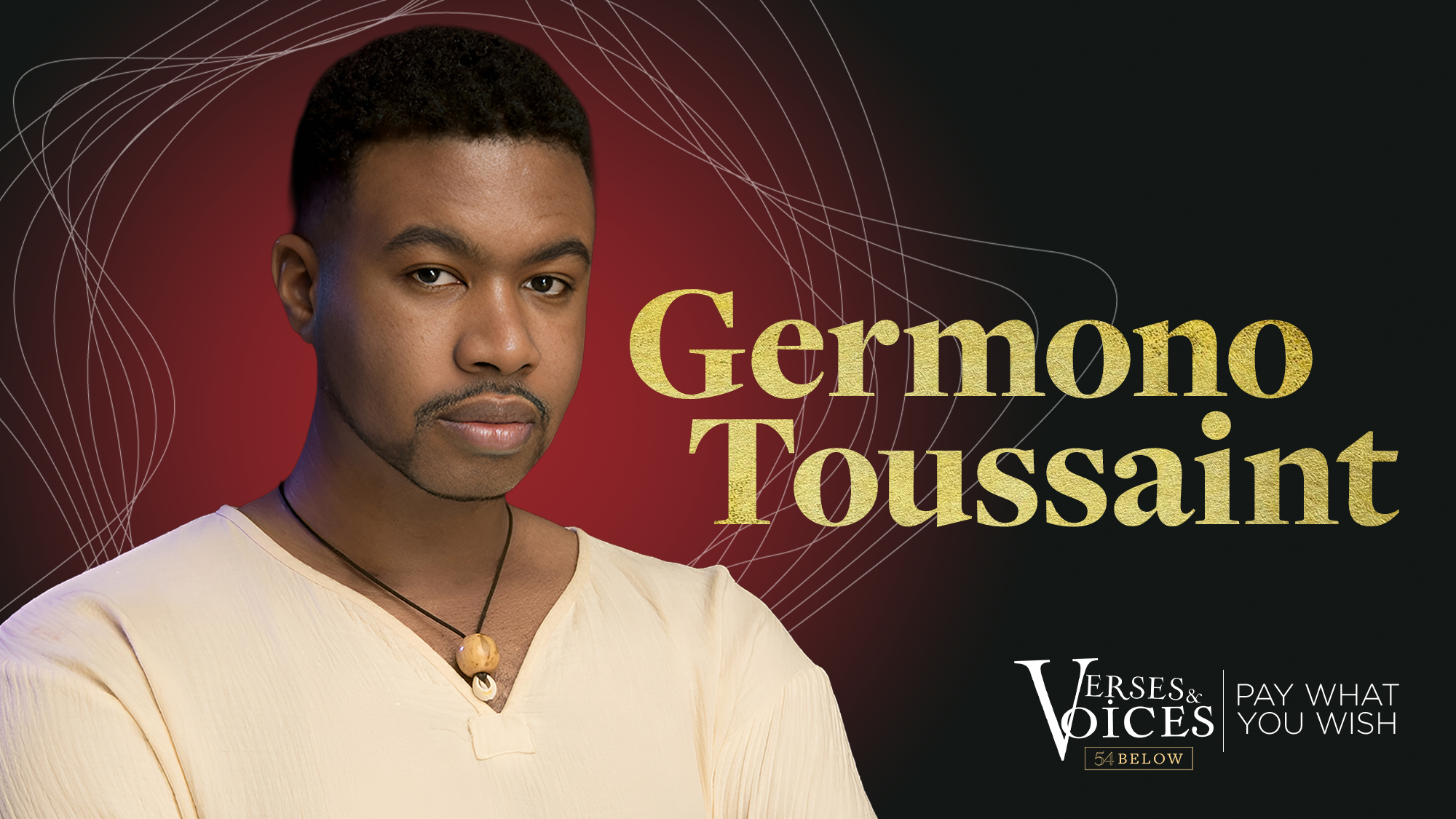 A confident Black man with short hair and a trimmed beard, wearing a light beige shirt and a round pendant necklace, stands against a dark background with gold and red accents. Text reads: 