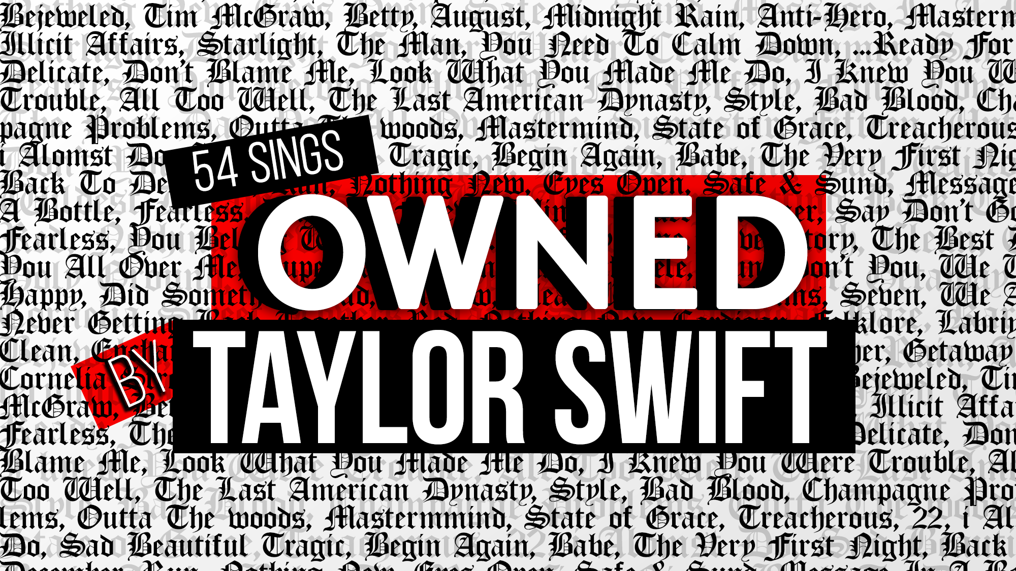 Black and white background of crowded song titles. In front, a bold red and black banner reads “54 Taylor Swift songs OWNED BY TAYLOR SWIFT.” “Owned” is large and white on red; the rest is white on black, standing out over the scattered song names.
