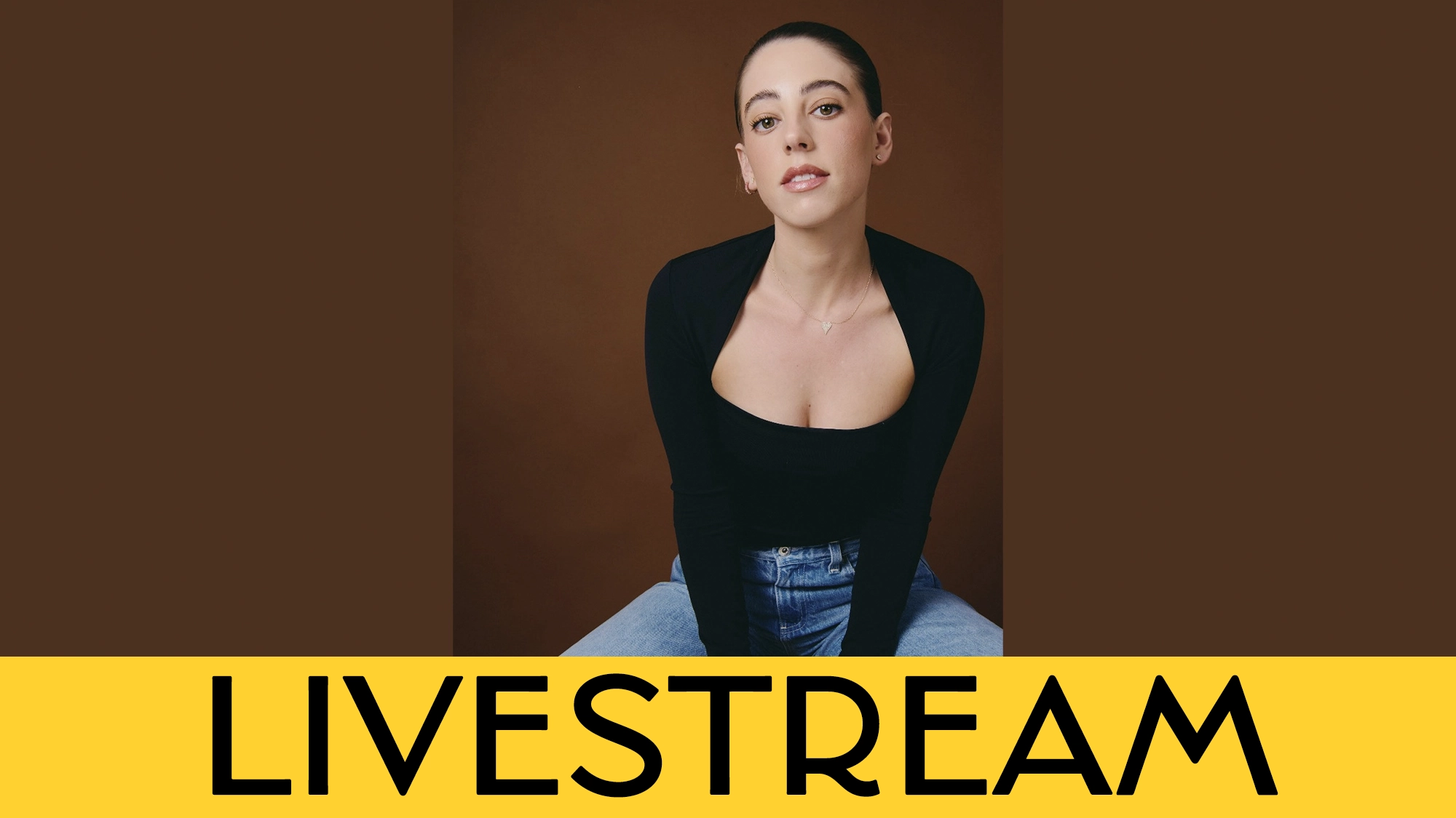 A woman with dark hair pulled back, wearing a black top and blue jeans, sits in front of a brown background. She faces the camera with a neutral expression. A bold yellow banner reads “LIVESTREAM Eli Rallo evening event” in large black letters.