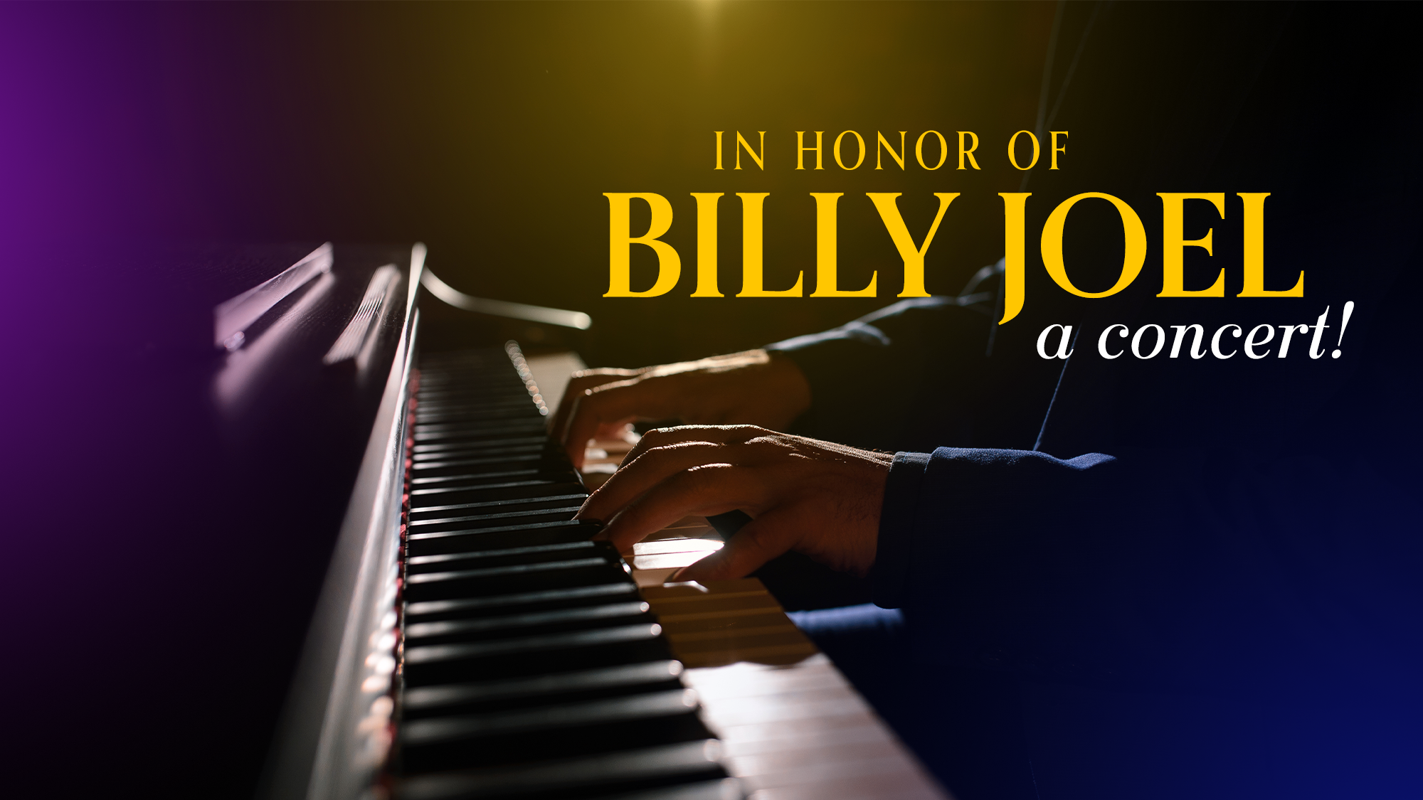 Close-up of hands playing piano keys with dramatic lighting. Text reads: 