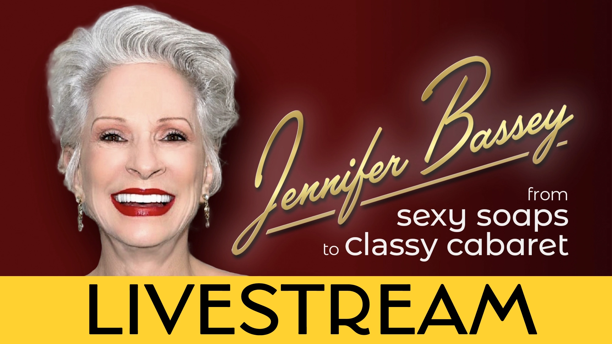 A smiling older woman with short white hair and bold red lipstick poses against a red background. Gold script reads 