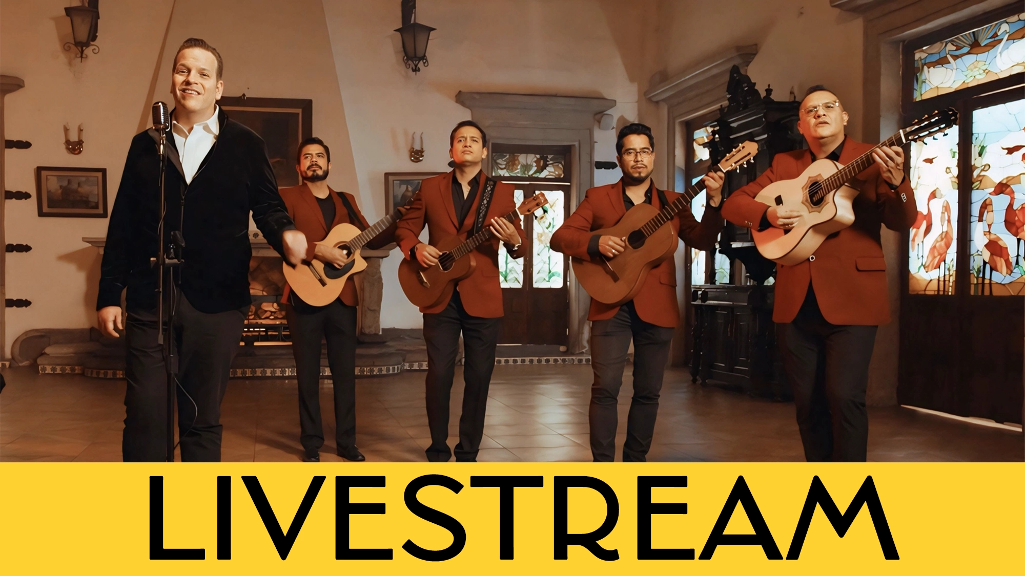 Five men perform indoors for Bolero Night; four play guitars in matching red blazers, while Jonathan Lolley sings in a black blazer. The ornate room’s stained glass and lighting add charm. Bold yellow banner below reads 