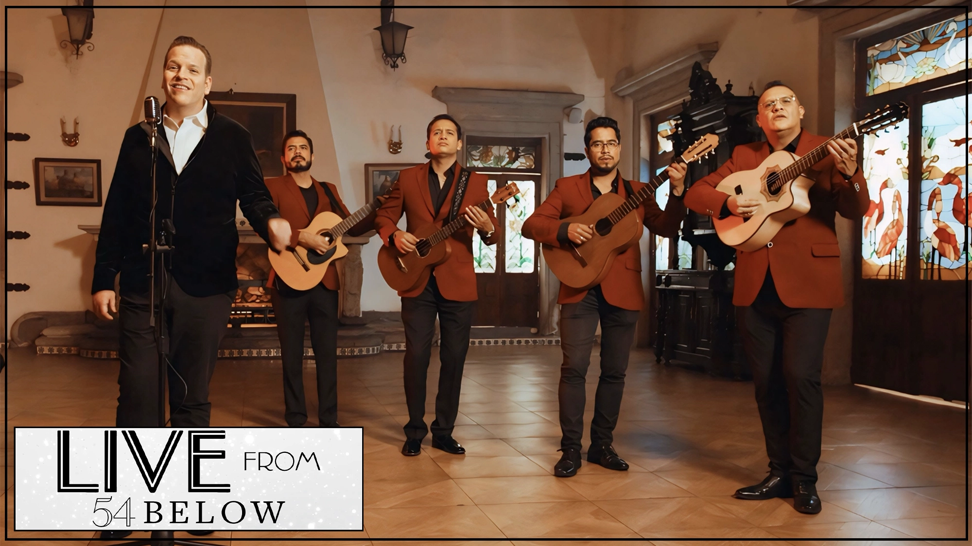 A group of five musicians performs indoors for Bolero Night. Four play guitars in matching red jackets; one sings at a microphone in a dark velvet jacket. Stained glass and ornate woodwork surround them. Text reads 
