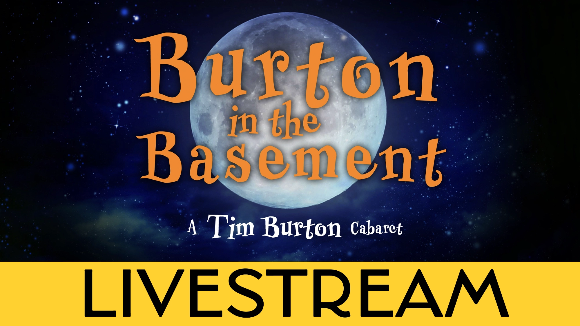 A large full moon glows against a starry night sky. Over the moon, orange text reads 