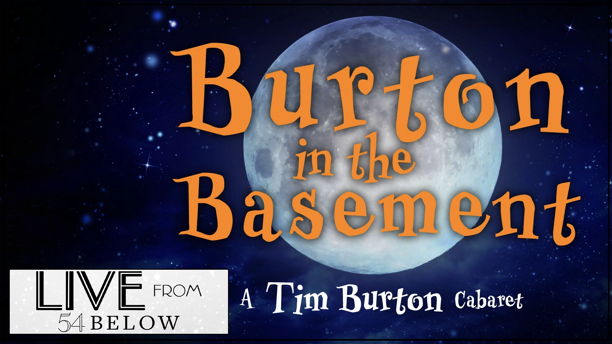 A full moon glows against a starry night sky. Large orange text reads 