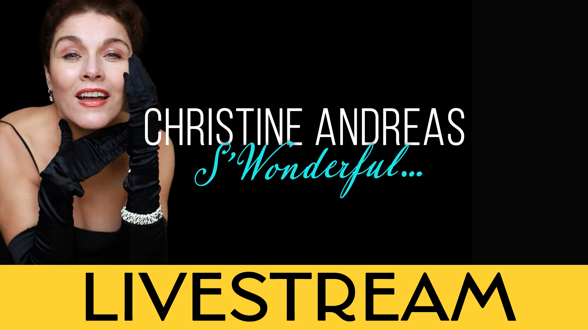 Christine Andreas, in a black dress and long black gloves, smiles with her gloved hand on her chin. 