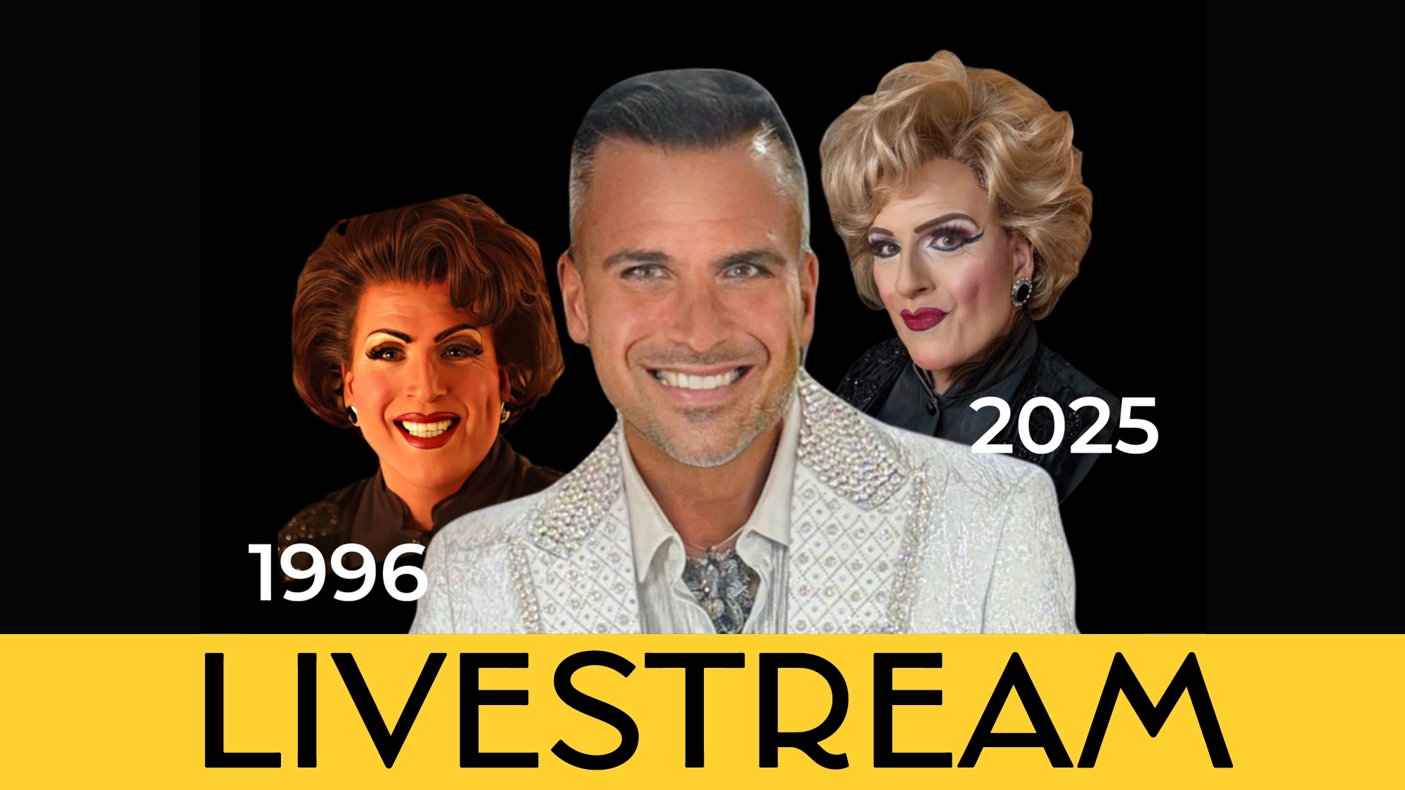 Three people are shown: on the left is a drag queen labeled 