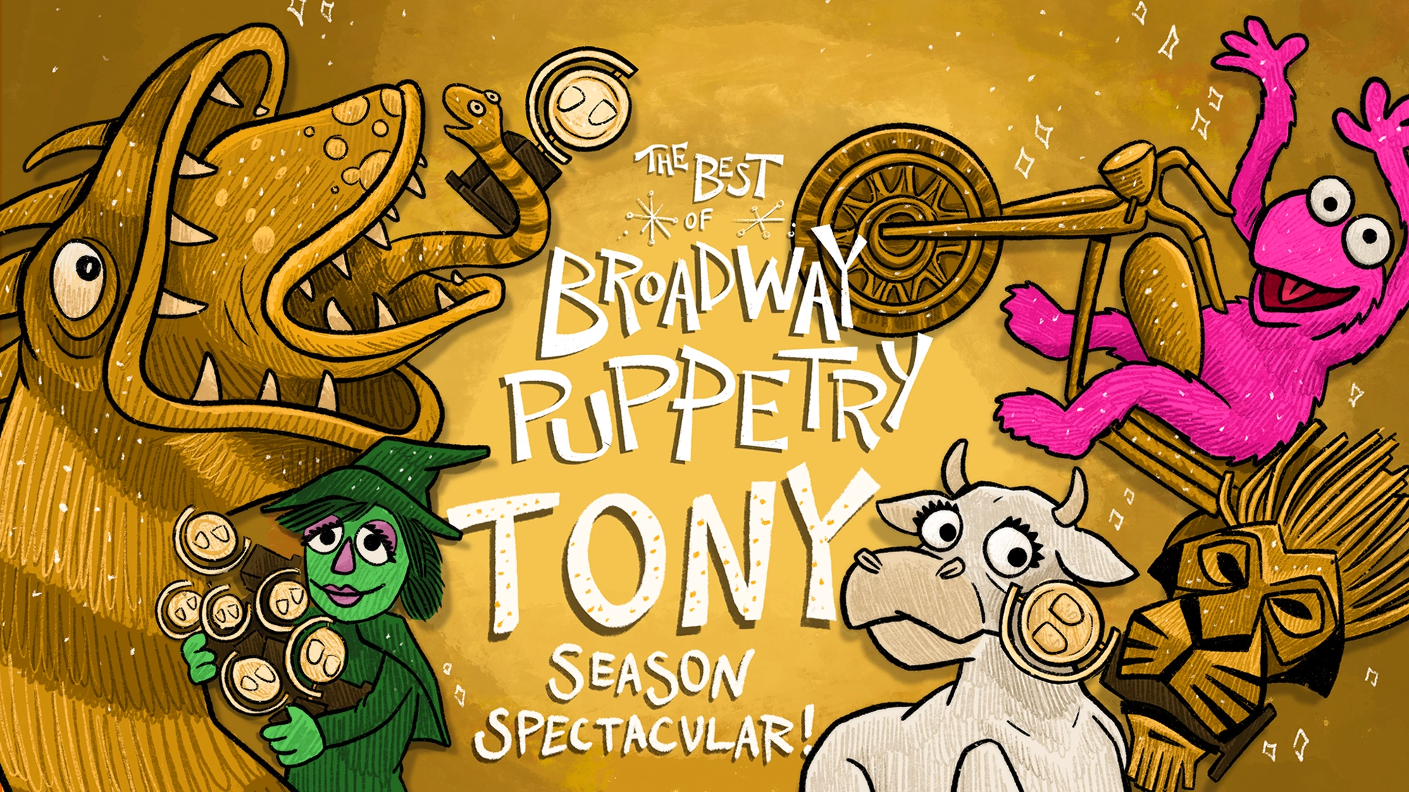 A vibrant poster features cartoon puppets—a roaring dragon, a pink monster on a bike, a green witch with flying monkeys, a white cow, and a lion mask—celebrating Broadway Puppetry in the Tony Season Spectacular on a gold, starry background.