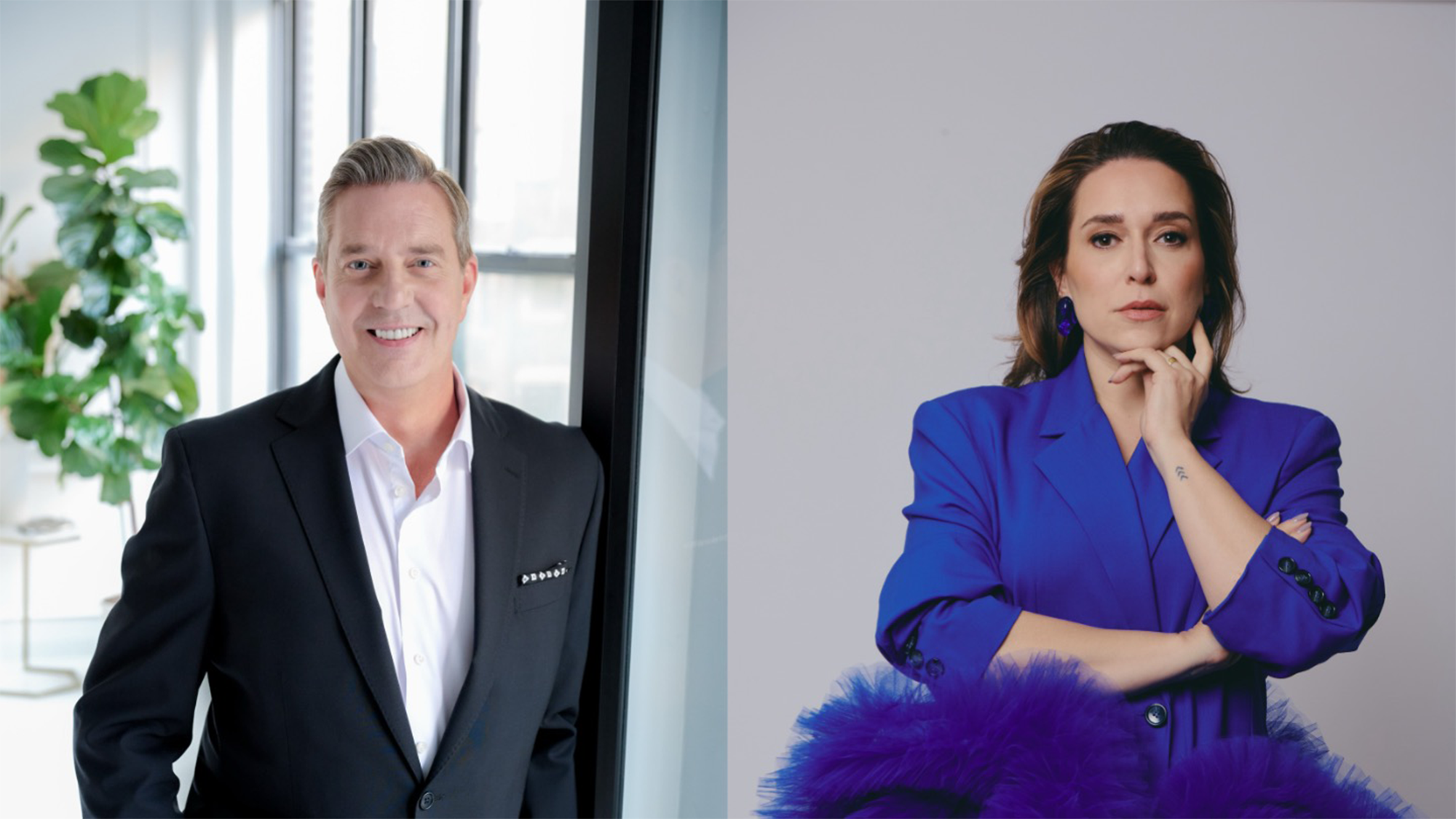 A split image: on the left, a smiling man in a black suit stands by a window in a bright office; on the right, a woman in a vibrant blue jacket with feathery details gazes thoughtfully, channeling New York Pops energy against a plain background.