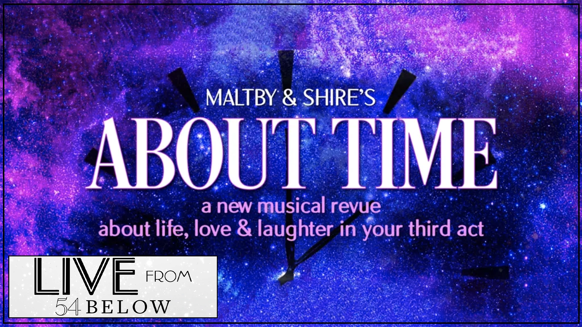 About Time show page A cosmic purple and blue starry background with a faint clock face. Large text reads: