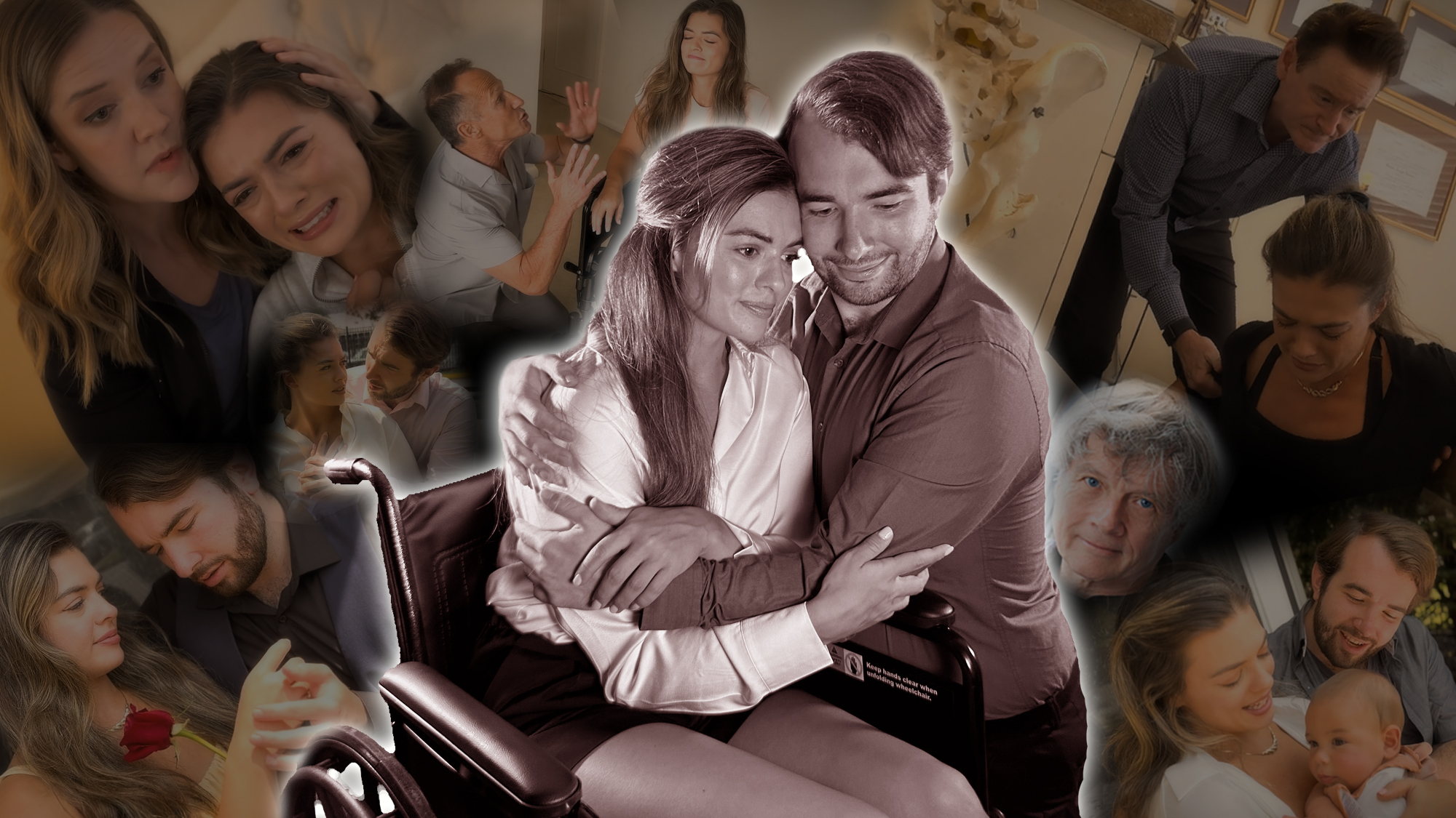 A young woman in a wheelchair and a man sit close, embracing and smiling. Around them, faded vignettes reflect scenes from the new musical Corinne's Heart by Charles Mandracchia—showcasing personal struggles, care, and resilience.