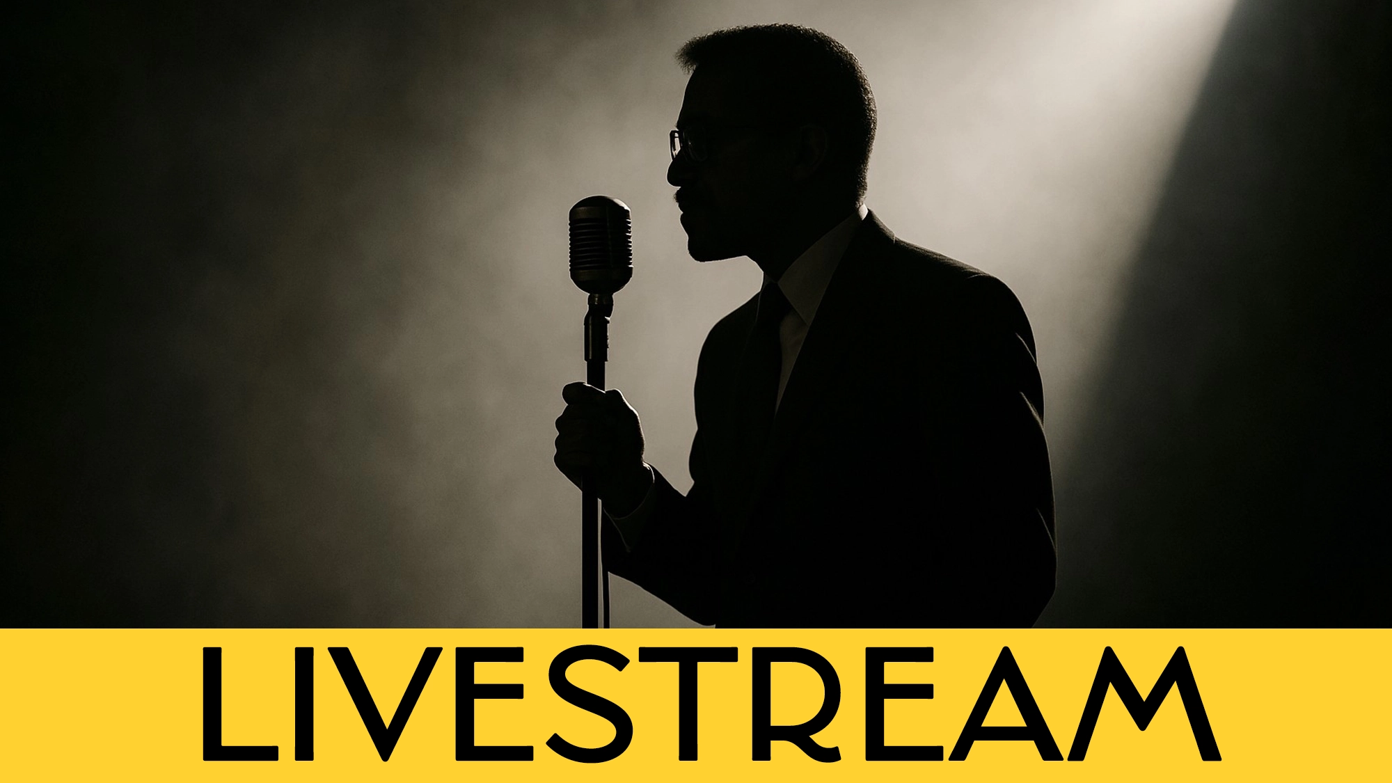 LIVE Once in a Lifetime Calendar A person in a suit is silhouetted against a smoky, backlit background, singing into a vintage microphone—evoking the spirit of Sammy Davis Jr. The bold yellow banner at the bottom features large black text reading