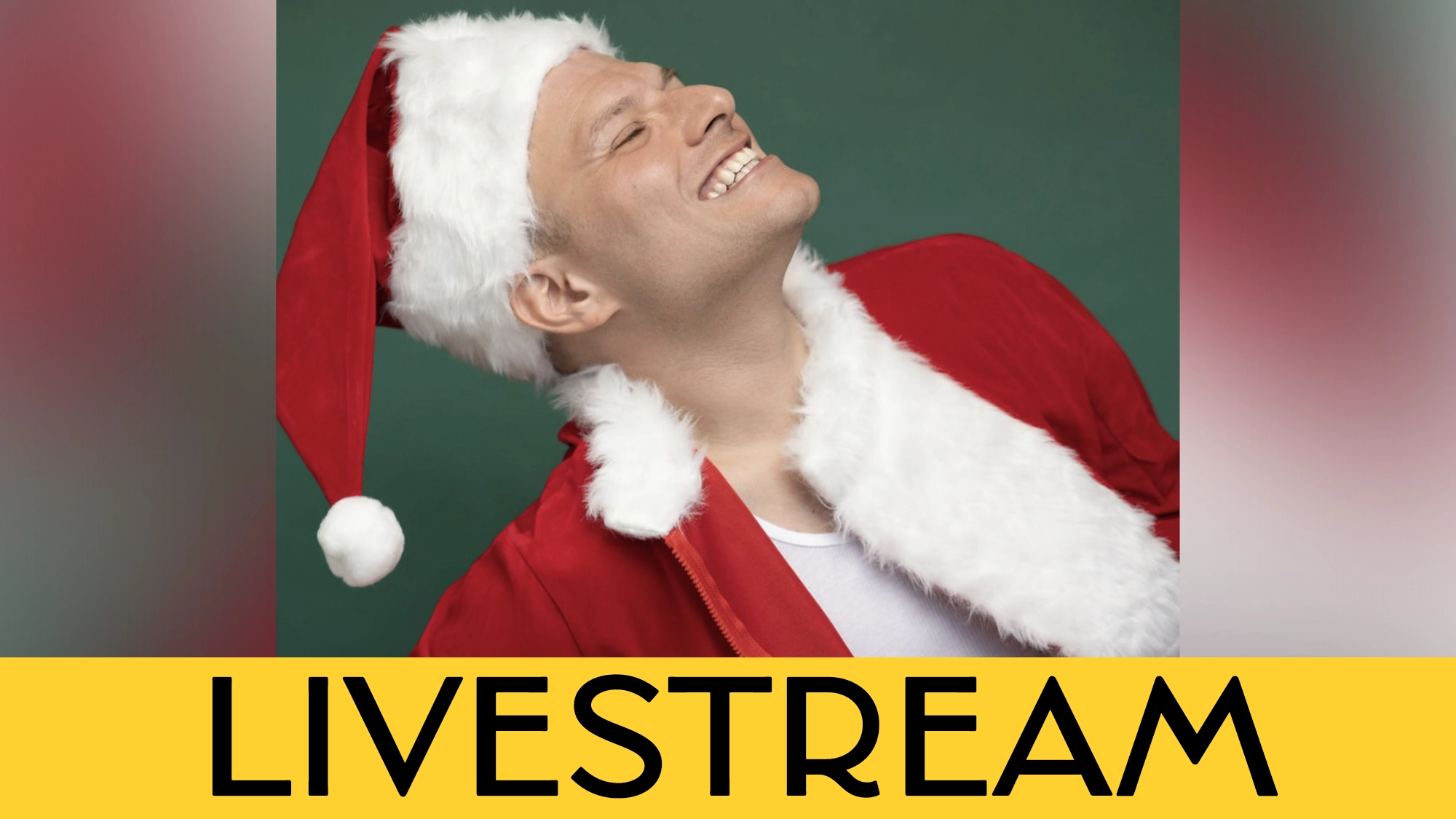 LIVE Robert Bannon Calendar A person in a Santa hat and red coat smiles broadly, leaning back with eyes closed. The green background sets a festive mood. A large yellow banner at the bottom announces