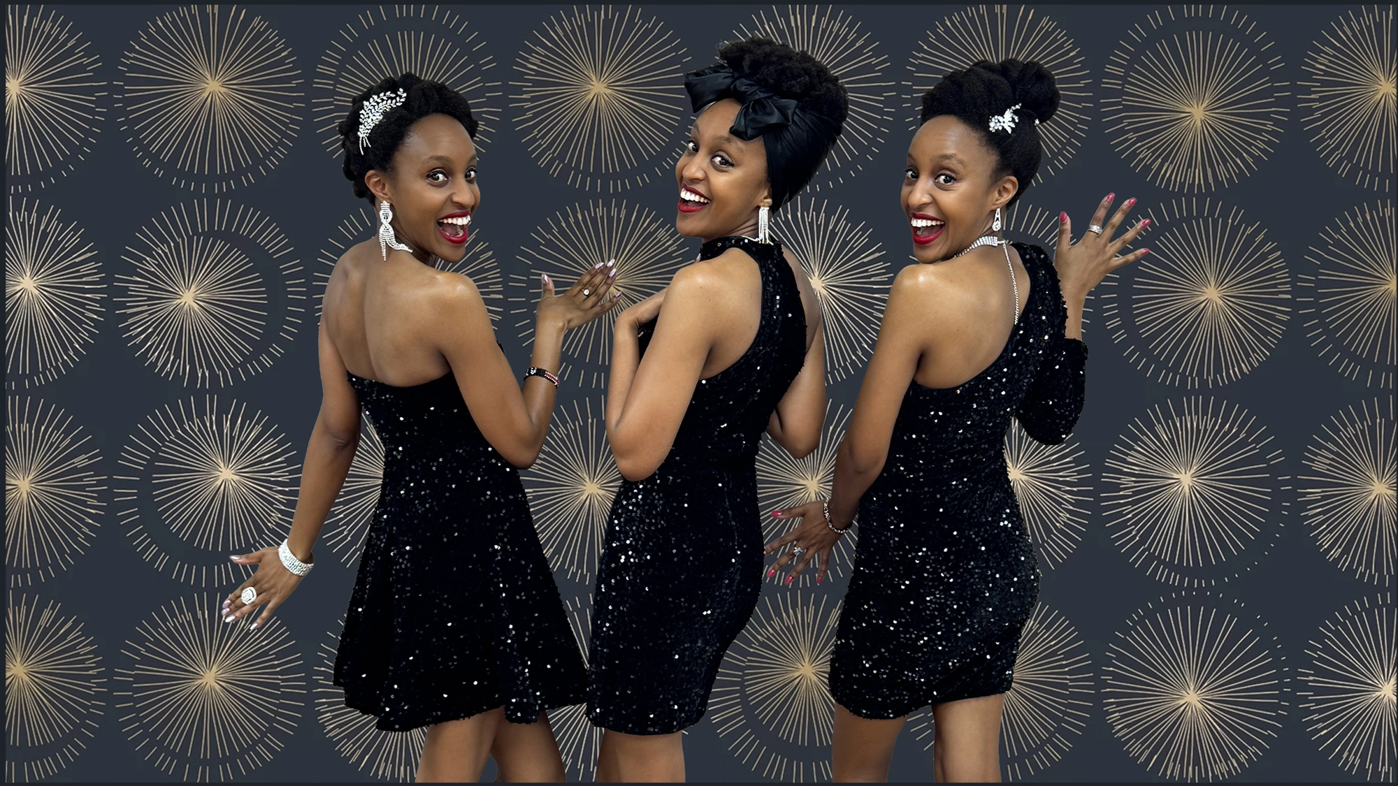 Three women from MOIPEI, wearing sparkly black dresses, stand in front of a festive, gold firework-patterned backdrop in NYC. All are smiling brightly and posing playfully, showing off their outfits and decorative hairpieces.