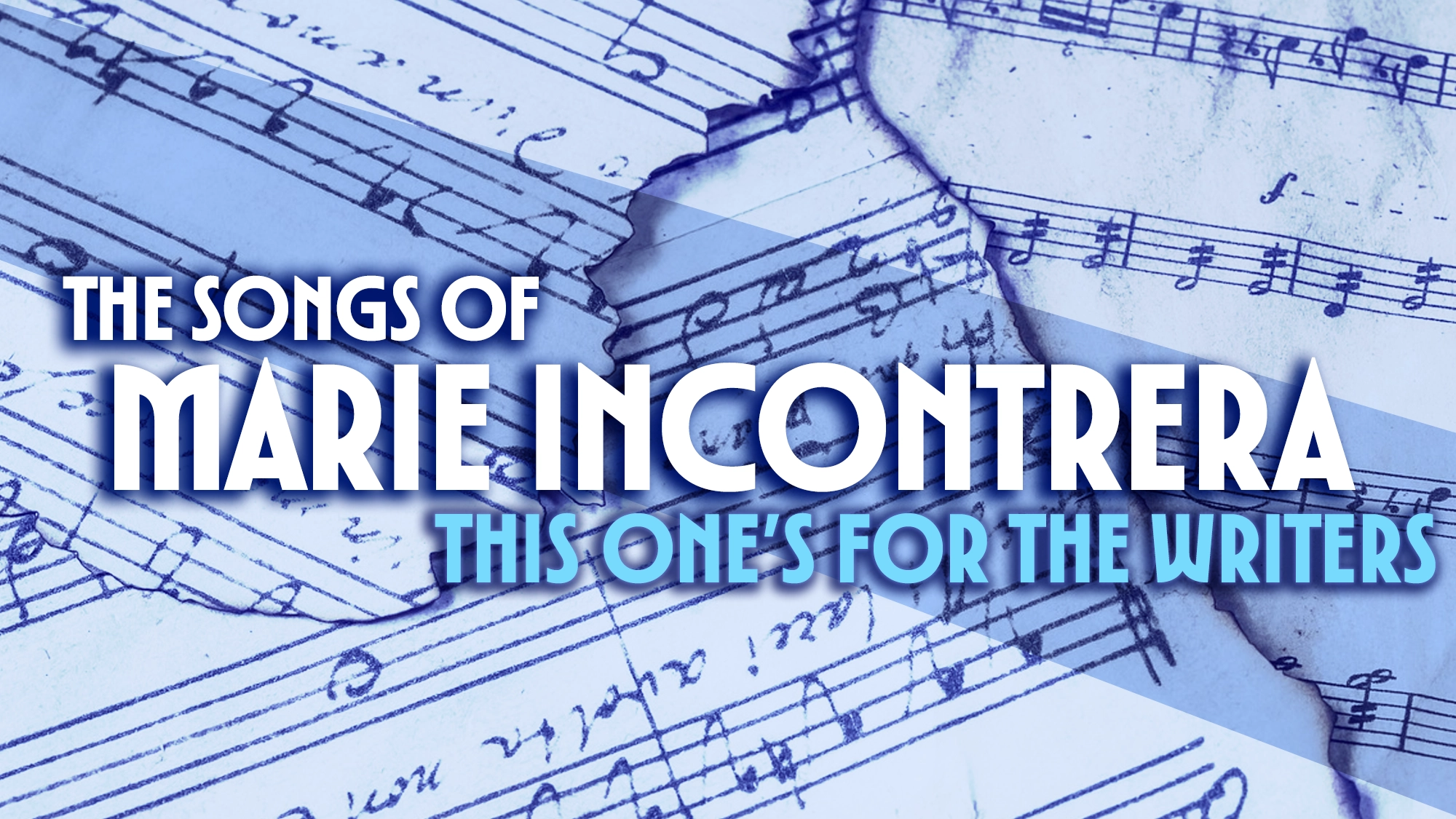 Blue-tinted image of torn sheet music as the background. Bold white text reads 