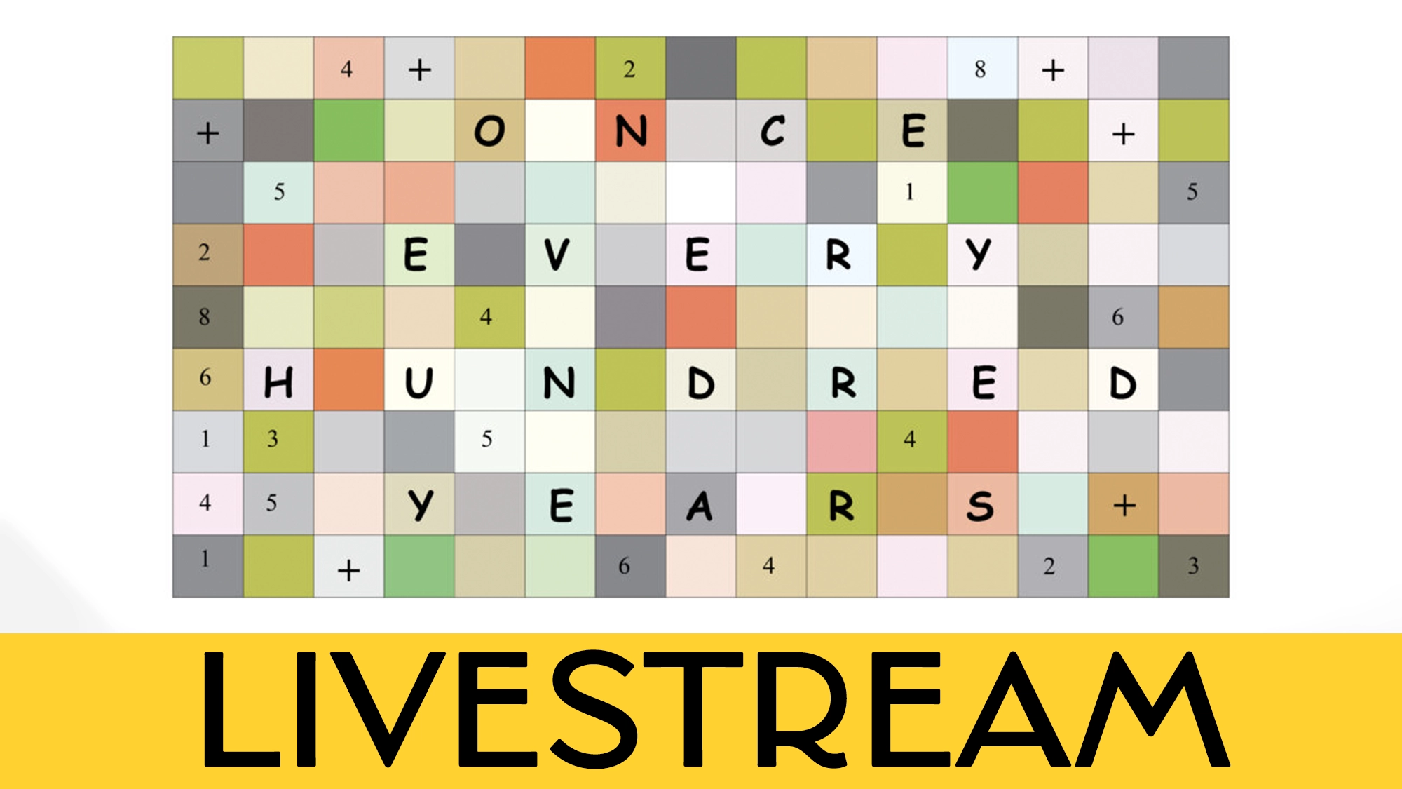 A colorful grid with numbers and plus signs fills the top of the image. Blocks with white backgrounds spell out 