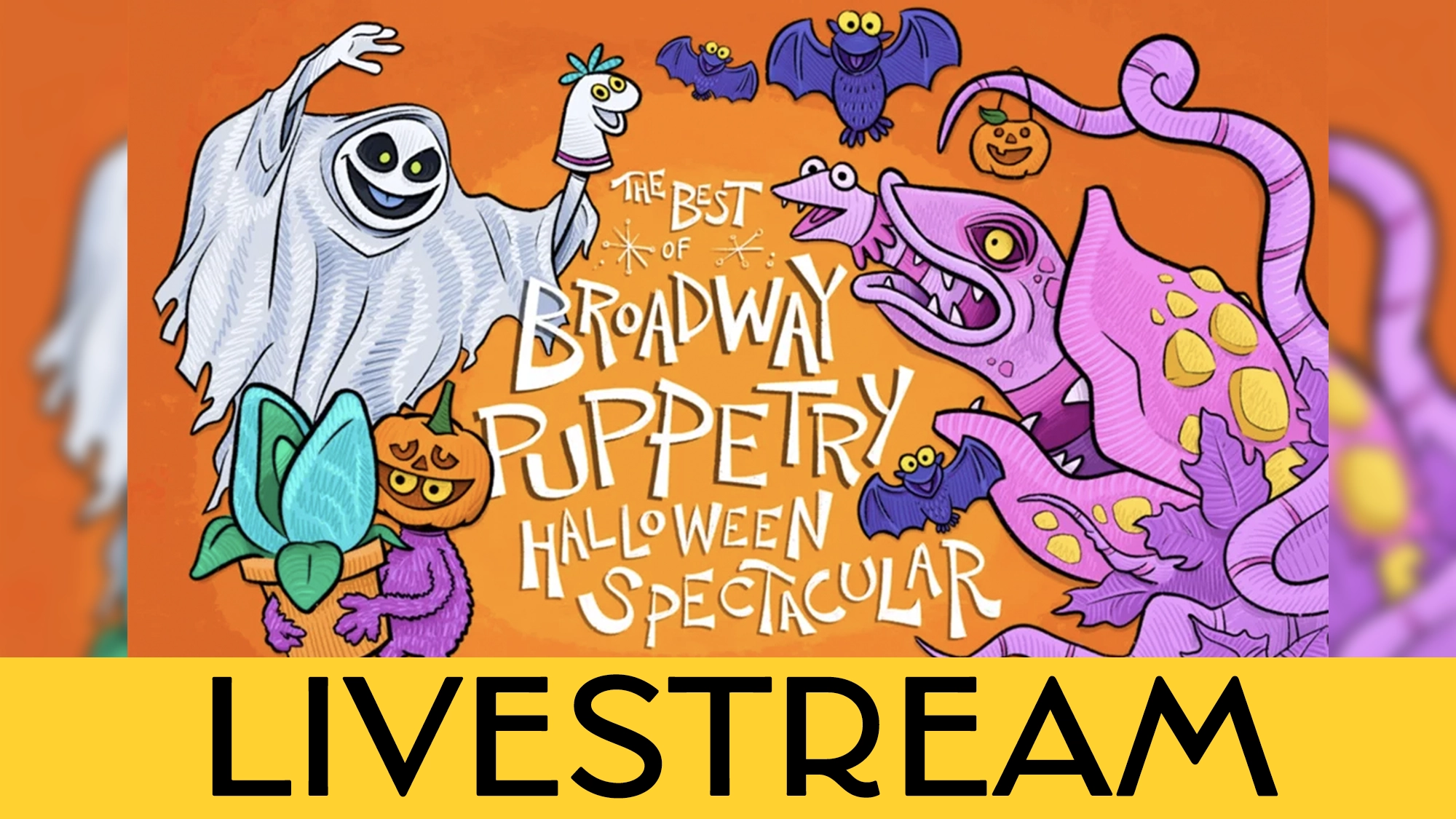 An illustrated Halloween poster features a ghost, bat, purple chameleon, pumpkins, and puppets with playful text reading 